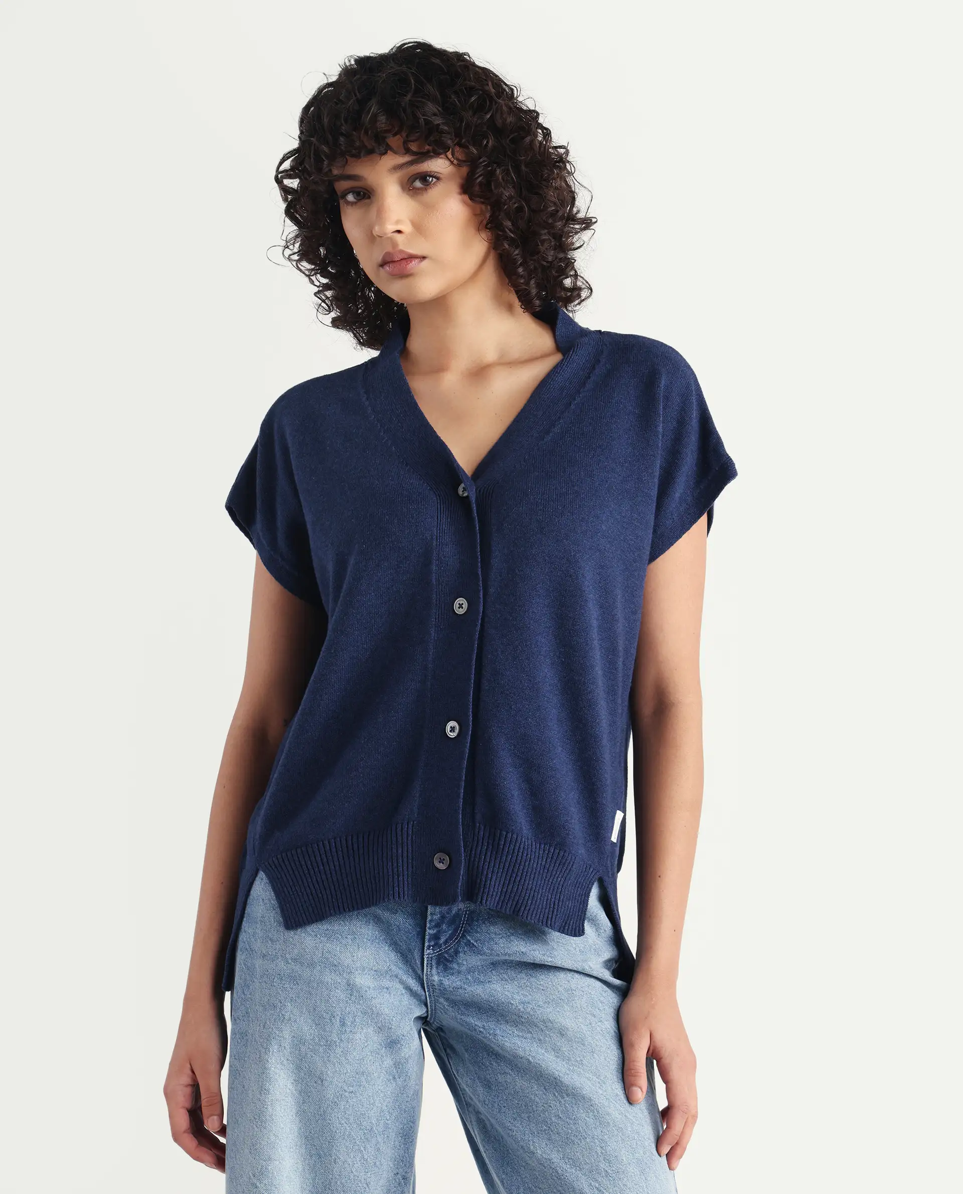 Rareism Women's Pave Blue Cotton V-Neck Plain Extended Sleeves Regular Fit Sweater - Image 5