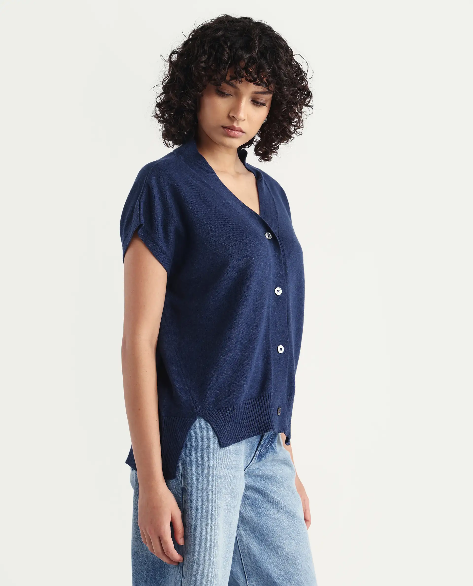 Rareism Women's Pave Blue Cotton V-Neck Plain Extended Sleeves Regular Fit Sweater - Image 6