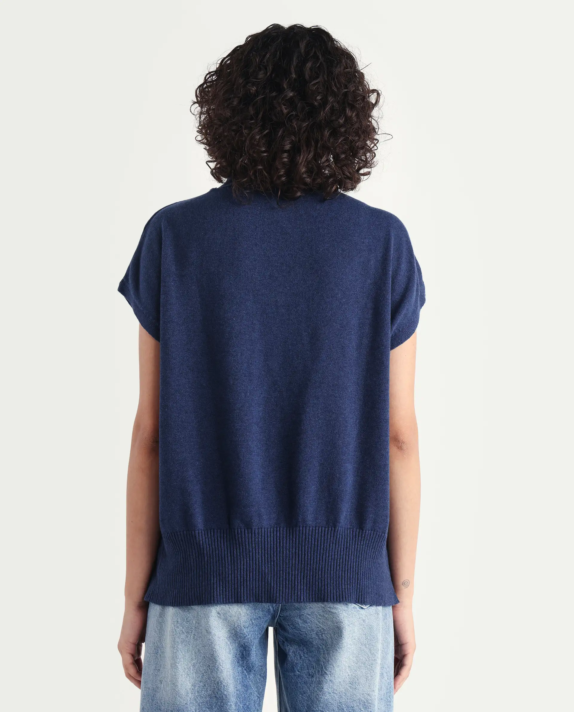 Rareism Women's Pave Blue Cotton V-Neck Plain Extended Sleeves Regular Fit Sweater - Image 7