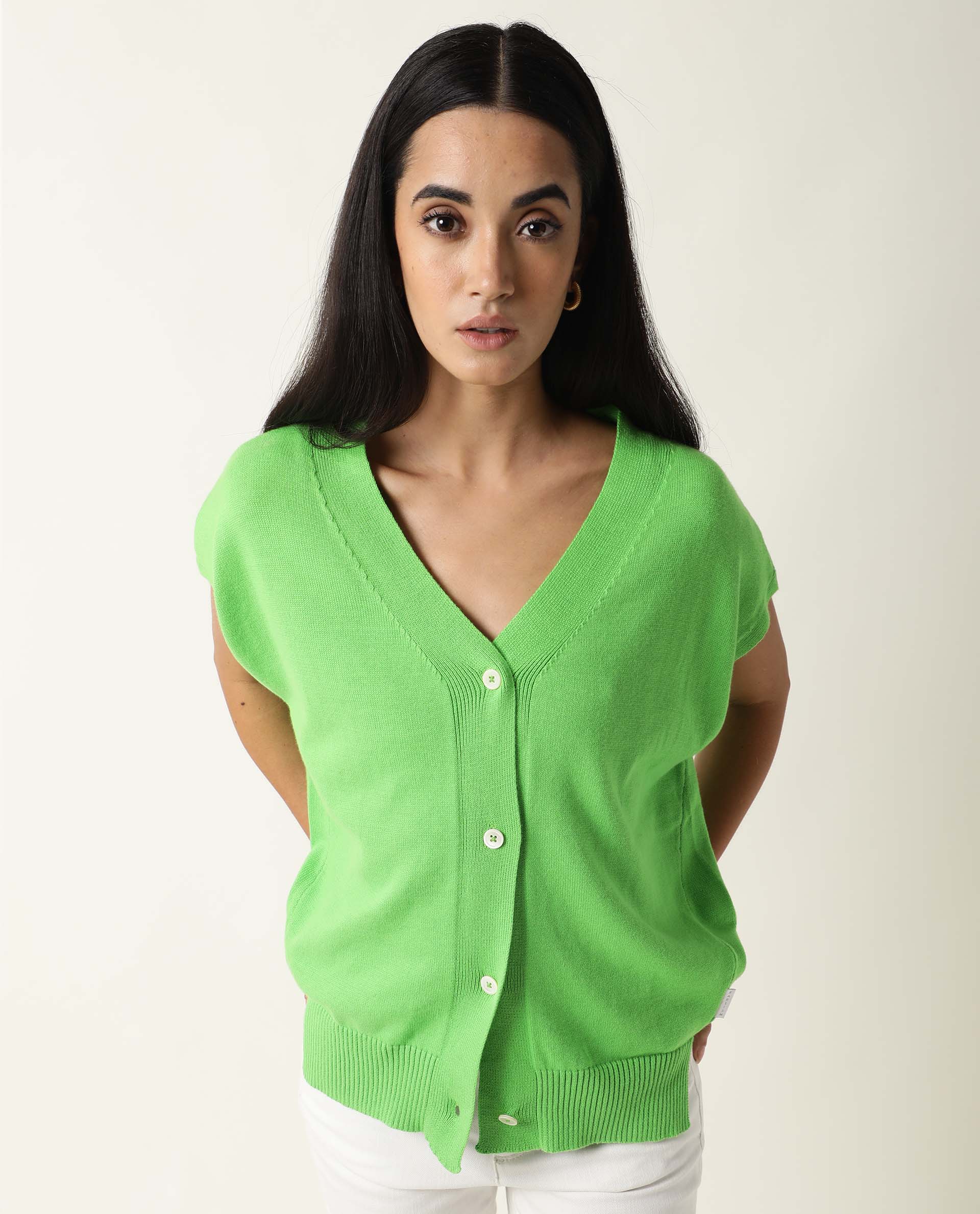 Rareism Women's Pave Lime Cotton V-Neck Plain Extended Sleeves Regular Fit Sweater - Image 3