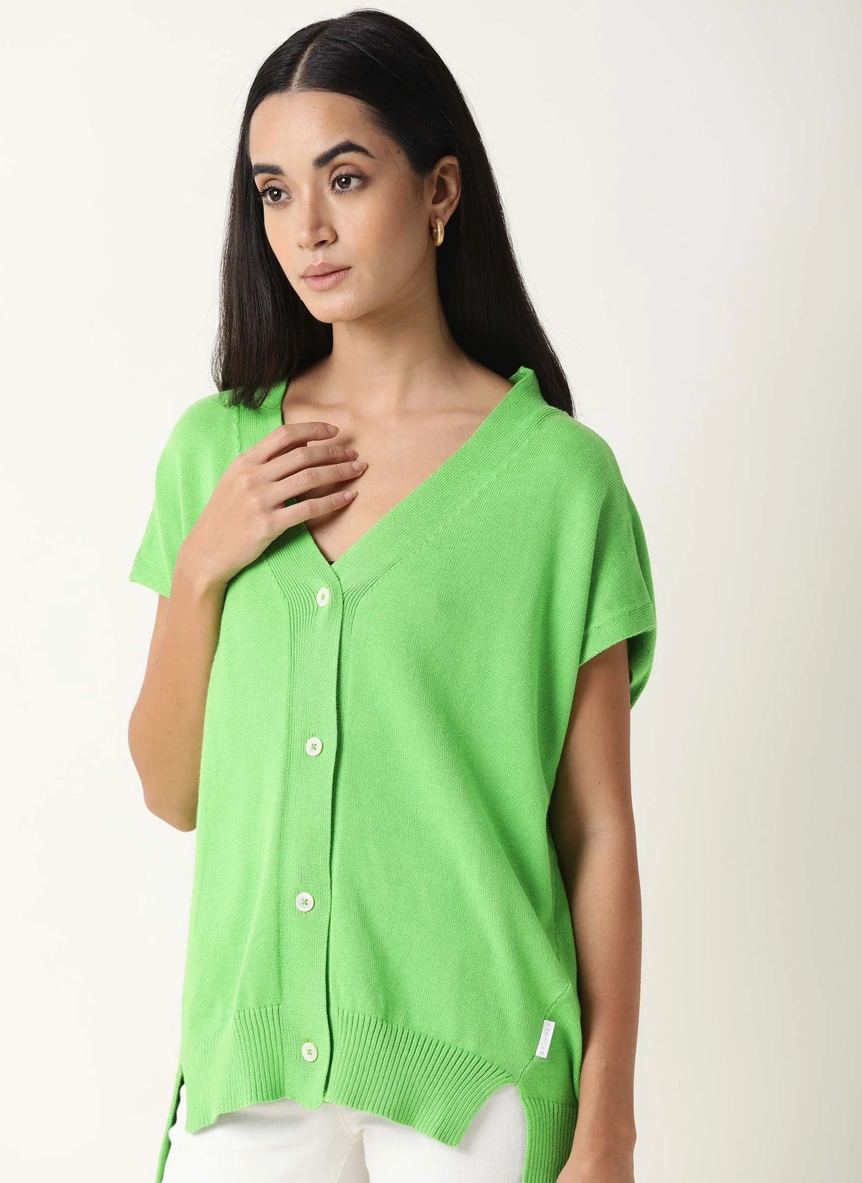 Rareism Women's Pave Lime Cotton V-Neck Plain Extended Sleeves Regular Fit Sweater - Image 4