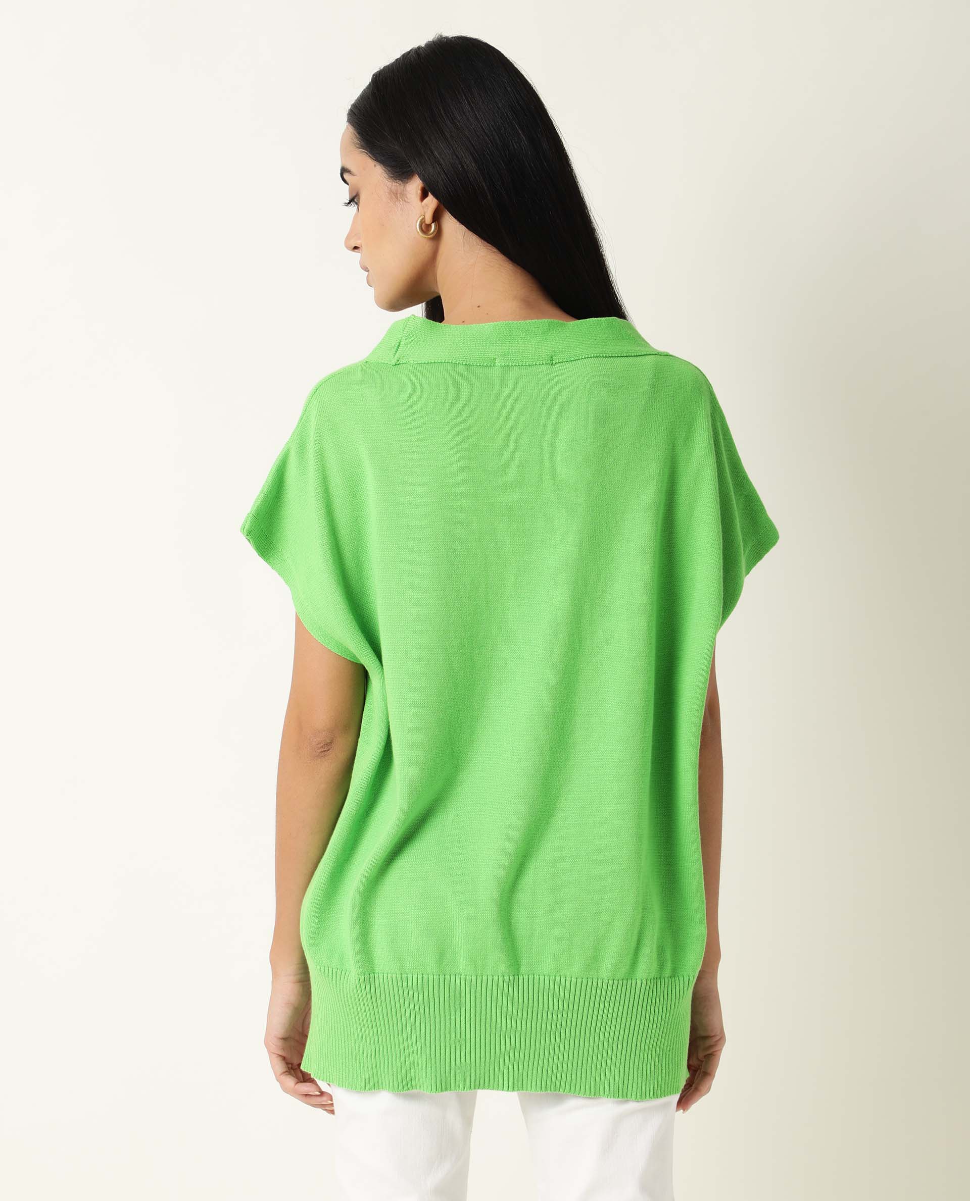 Rareism Women's Pave Lime Cotton V-Neck Plain Extended Sleeves Regular Fit Sweater - Image 5