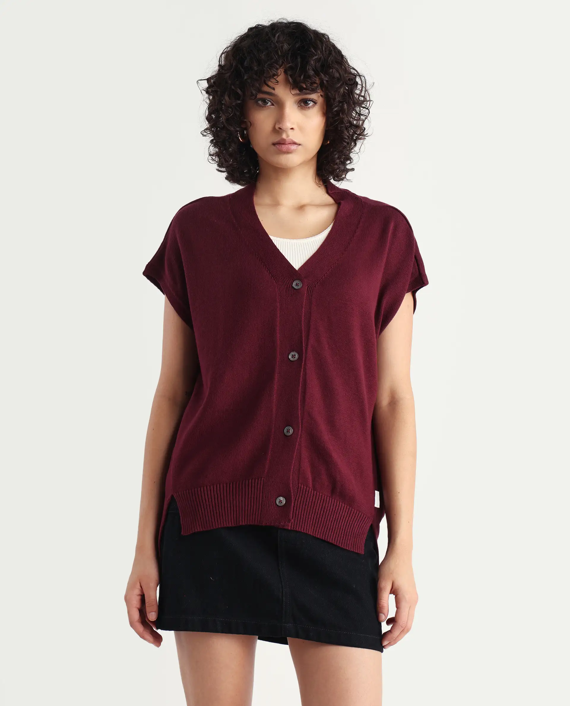 Rareism Women's Pave Maroon Cotton V-Neck Plain Extended Sleeves Regular Fit Sweater - Image 3