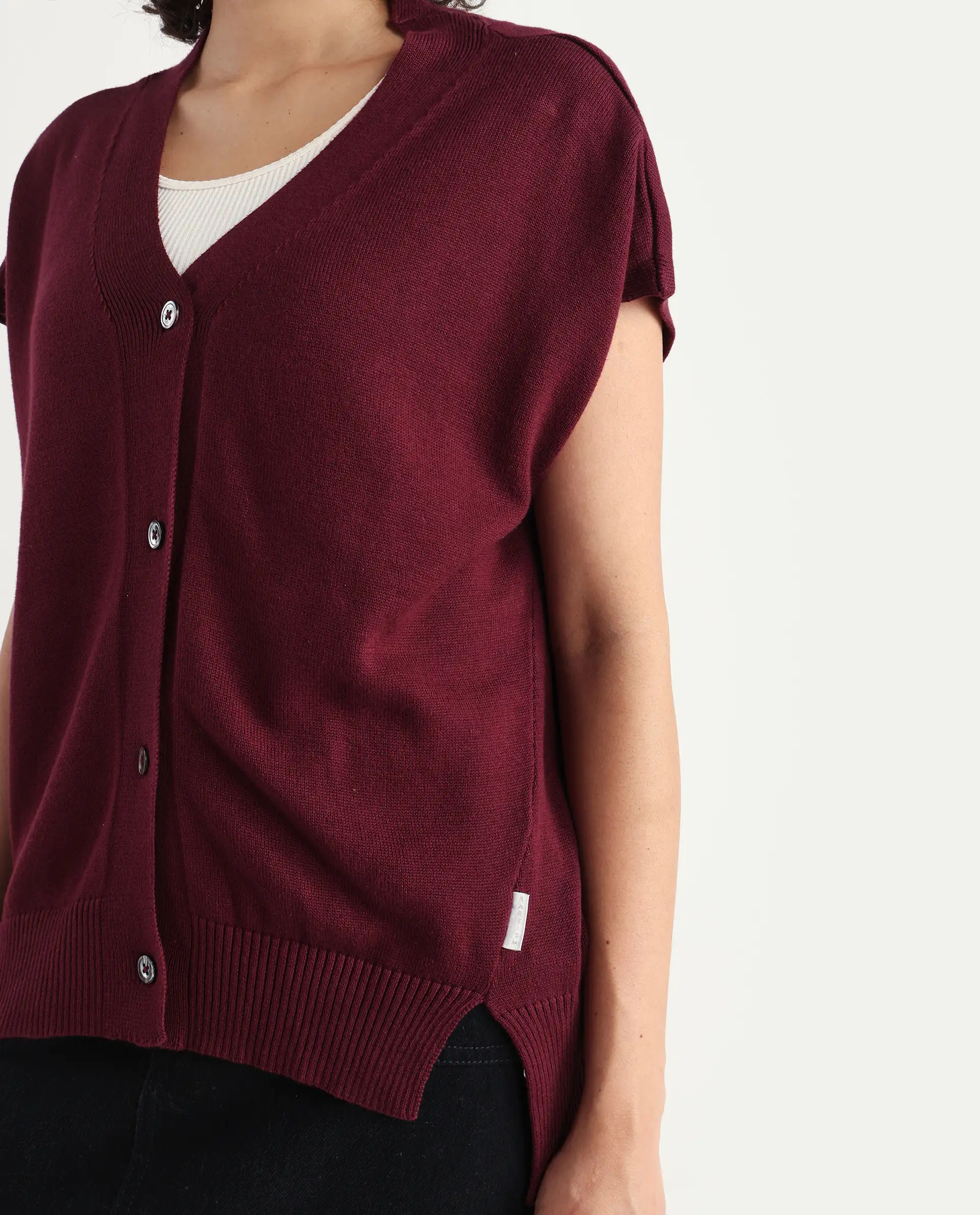 Rareism Women's Pave Maroon Cotton V-Neck Plain Extended Sleeves Regular Fit Sweater - Image 4