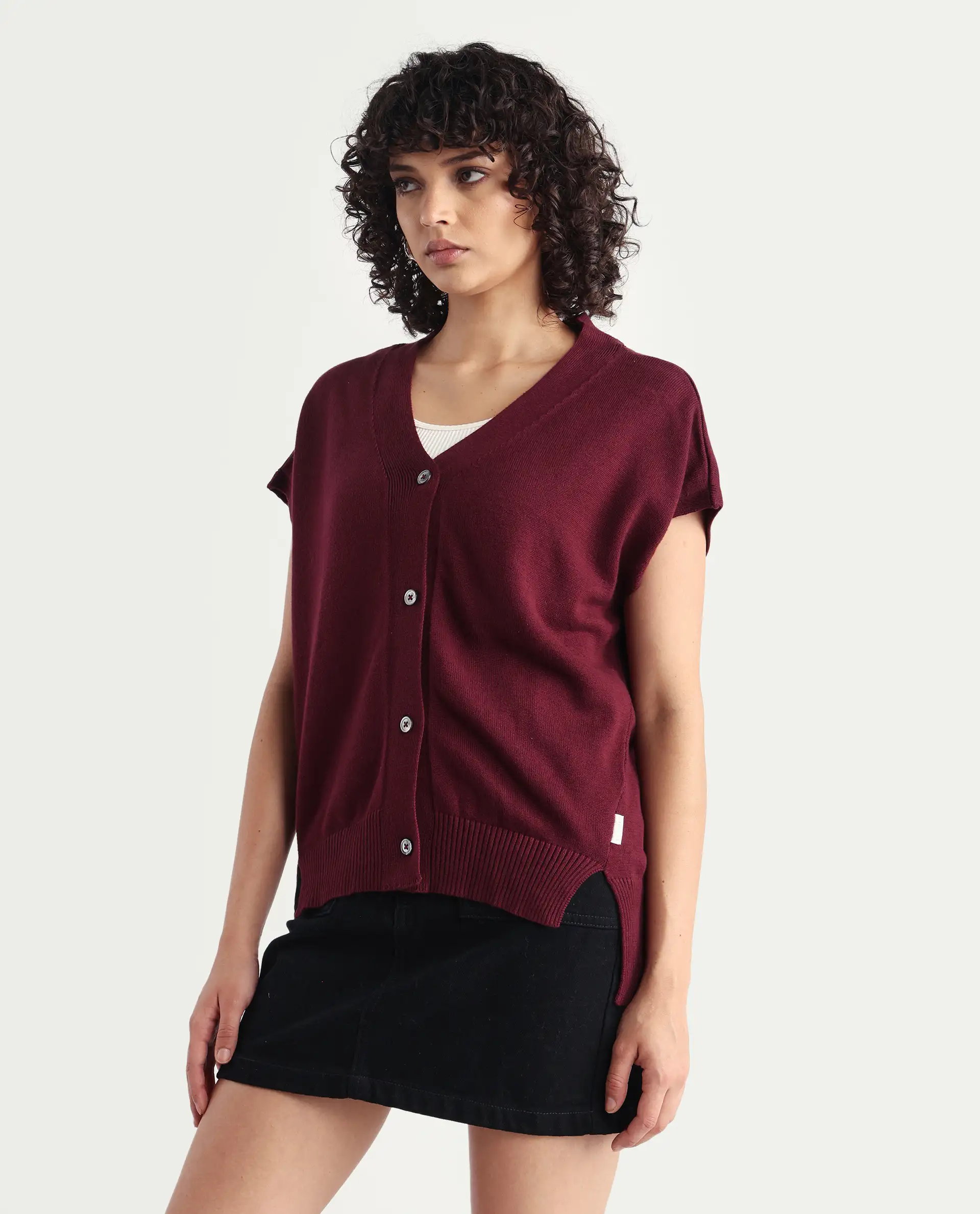 Rareism Women's Pave Maroon Cotton V-Neck Plain Extended Sleeves Regular Fit Sweater - Image 5