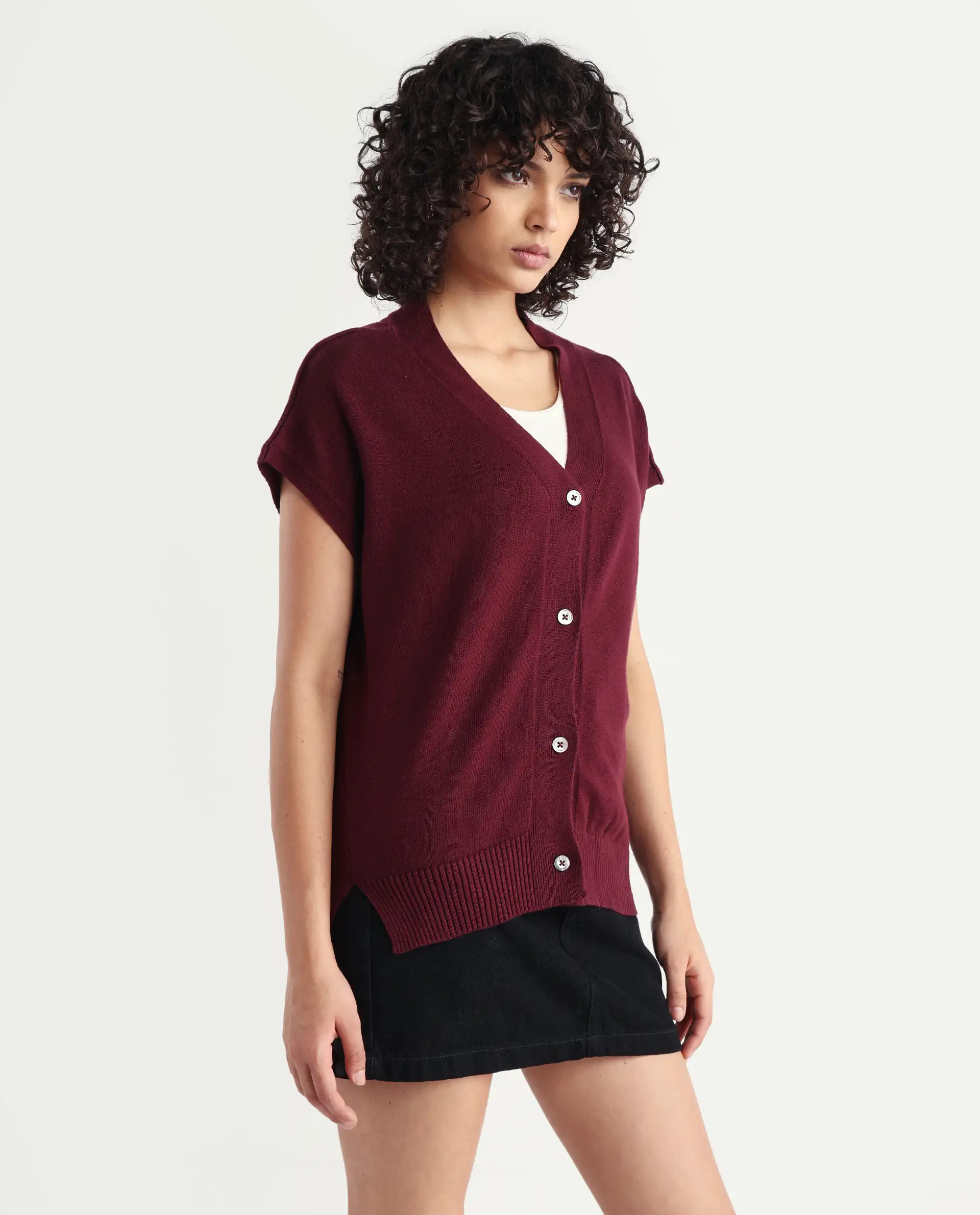 Rareism Women's Pave Maroon Cotton V-Neck Plain Extended Sleeves Regular Fit Sweater - Image 6