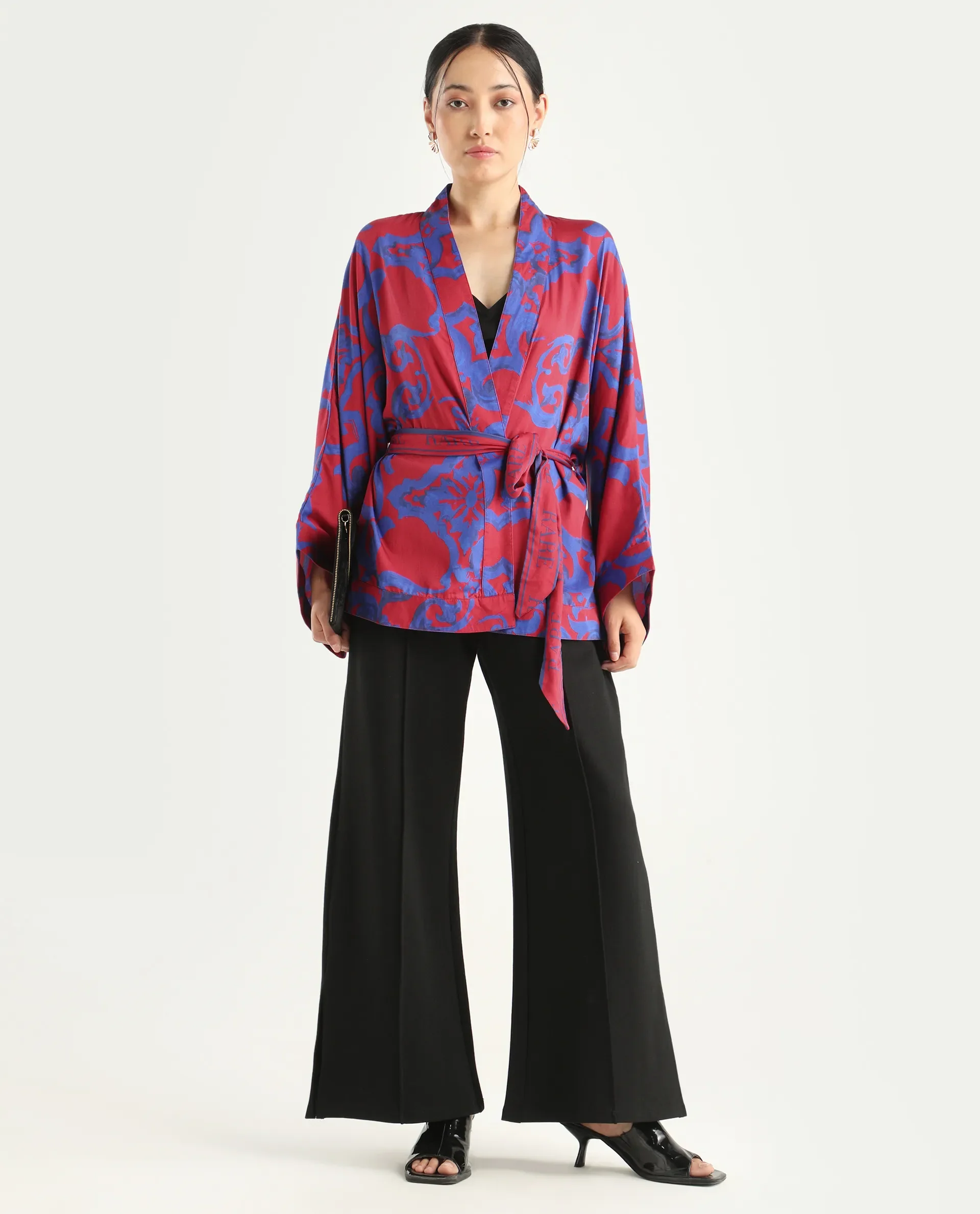 Rareism Women's Pavell Red Cotton Drop Collar Abstract Print Kimono Sleeve Regular Fit Top - Image 2