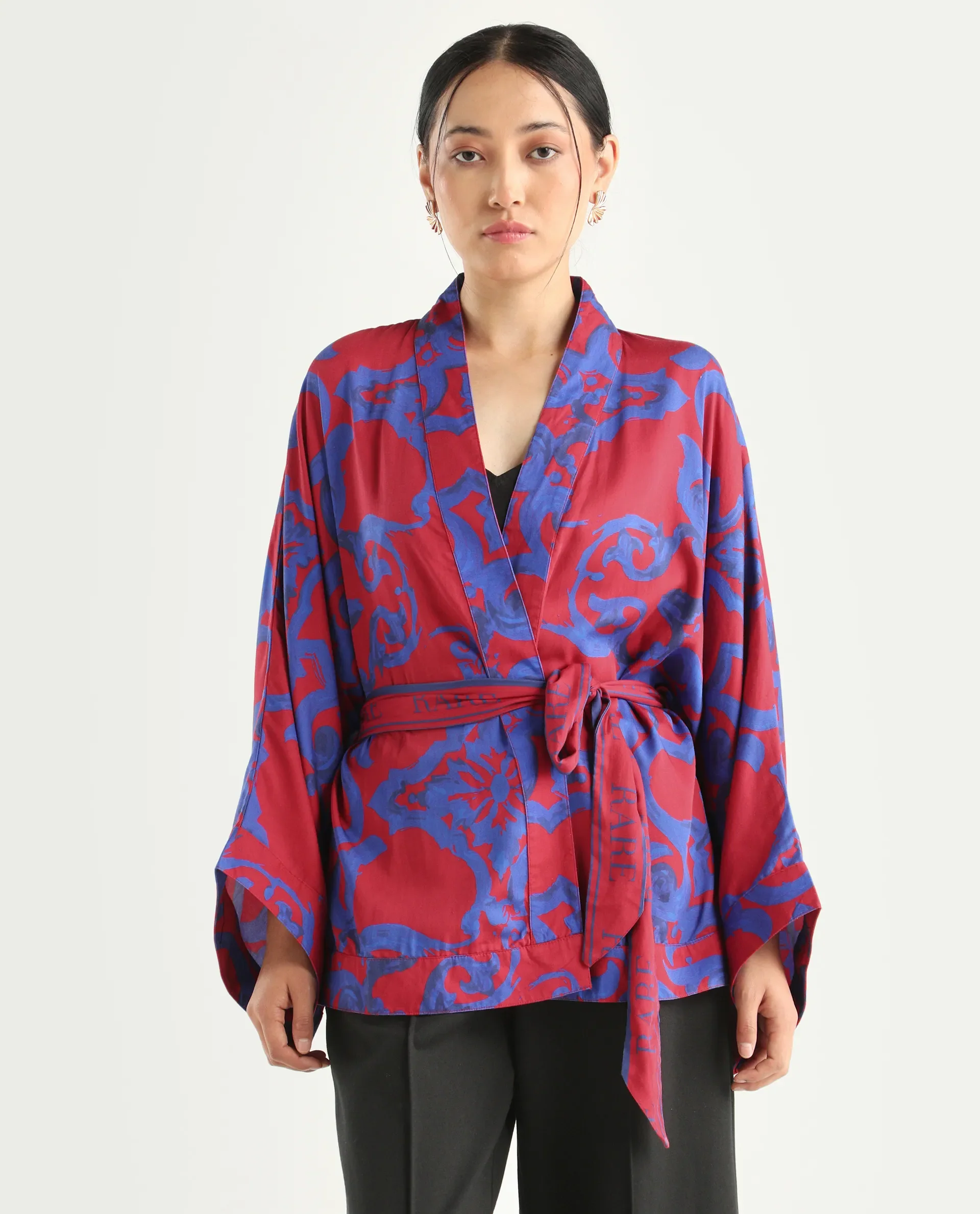 Rareism Women's Pavell Red Cotton Drop Collar Abstract Print Kimono Sleeve Regular Fit Top - Image 3