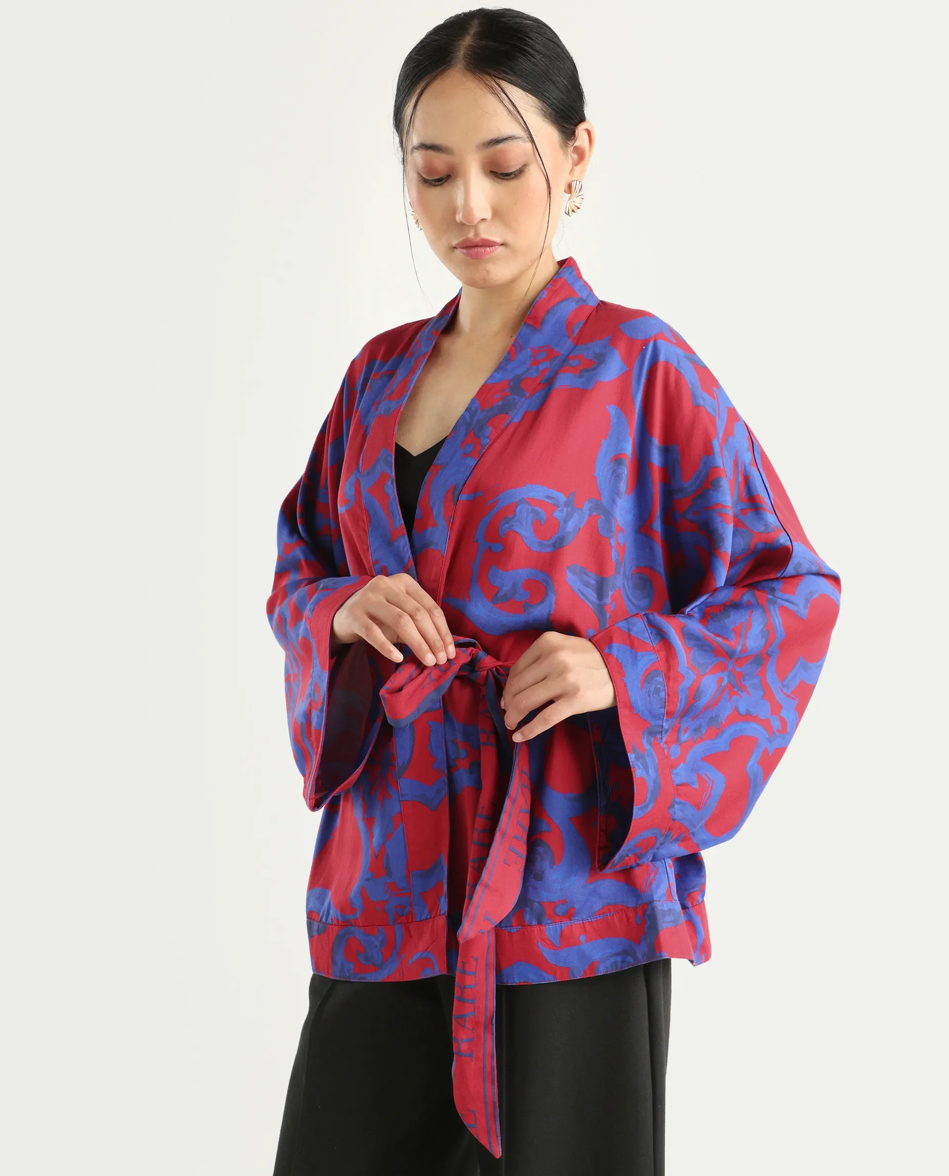 Rareism Women's Pavell Red Cotton Drop Collar Abstract Print Kimono Sleeve Regular Fit Top - Image 4