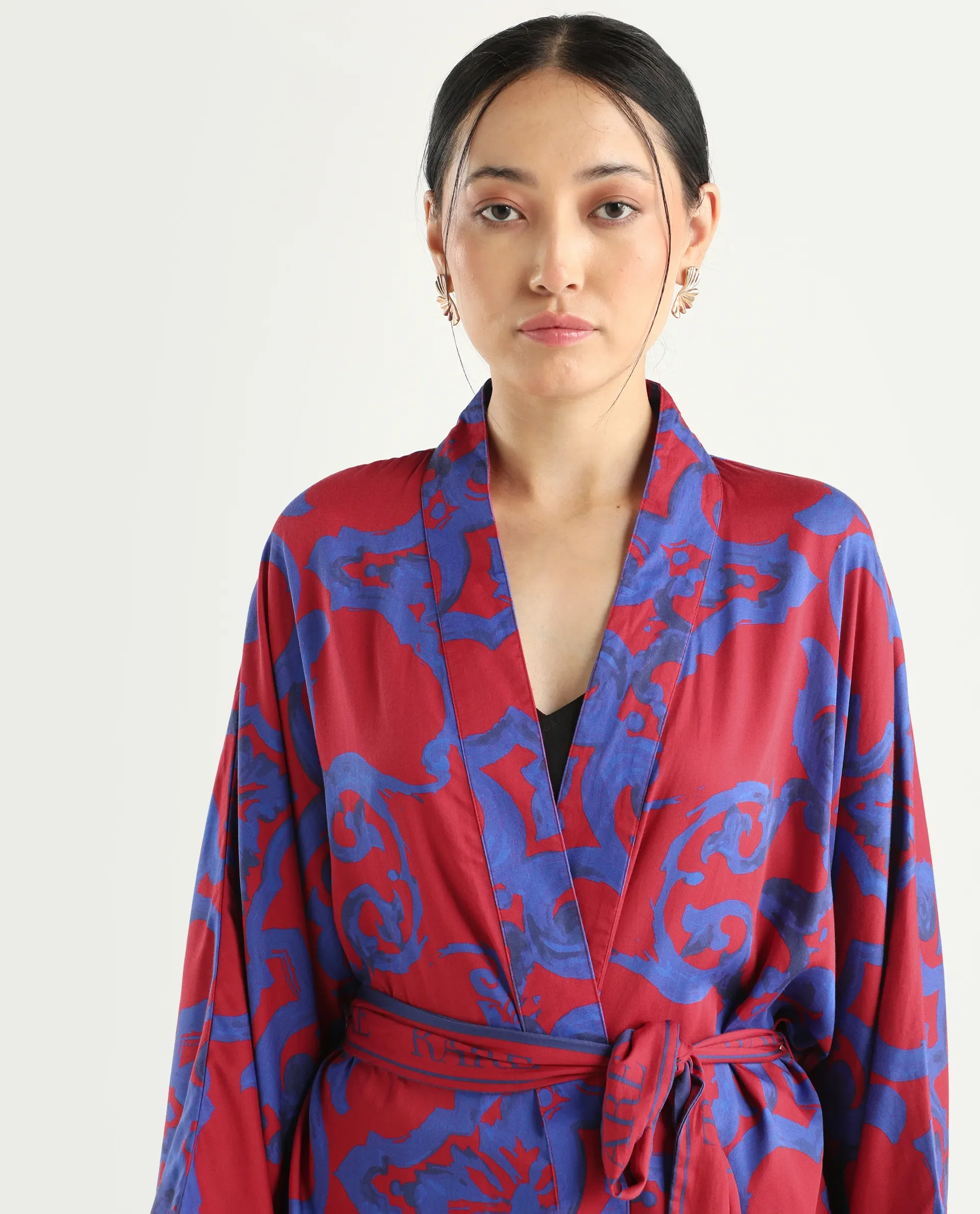 Rareism Women's Pavell Red Cotton Drop Collar Abstract Print Kimono Sleeve Regular Fit Top - Image 5
