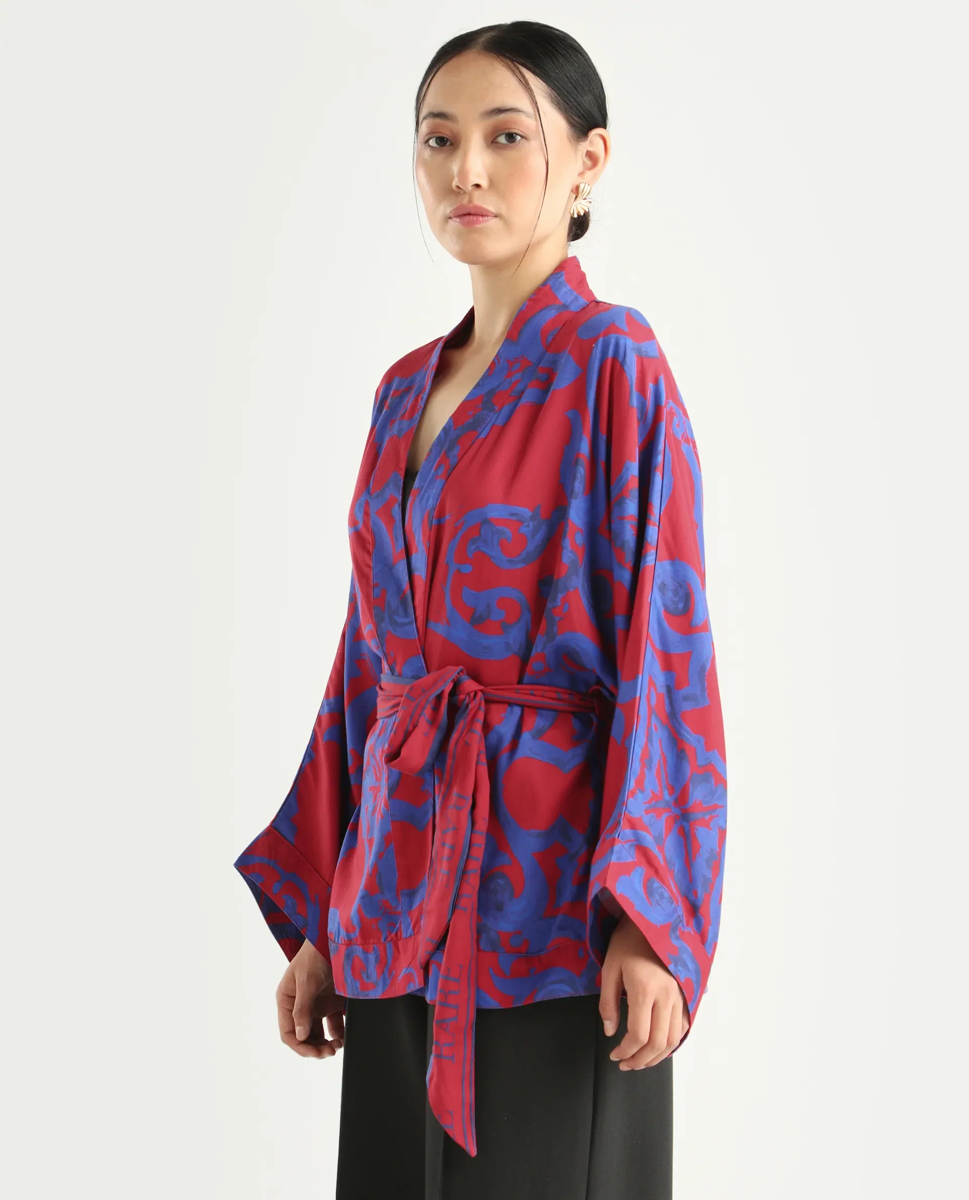 Rareism Women's Pavell Red Cotton Drop Collar Abstract Print Kimono Sleeve Regular Fit Top - Image 6