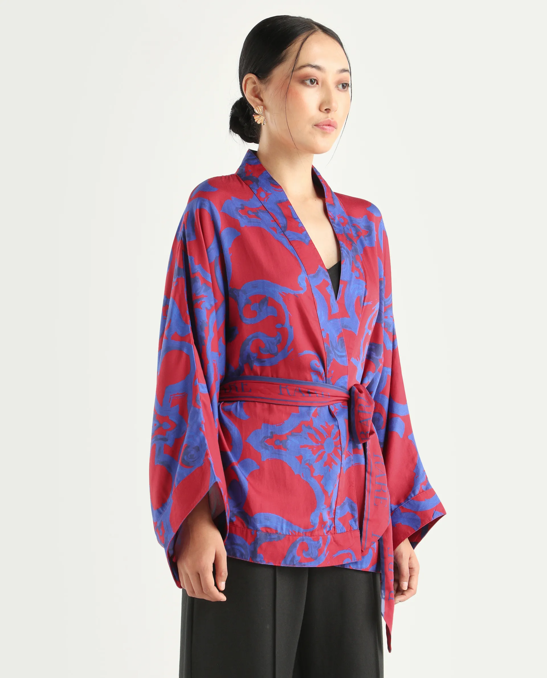 Rareism Women's Pavell Red Cotton Drop Collar Abstract Print Kimono Sleeve Regular Fit Top - Image 7