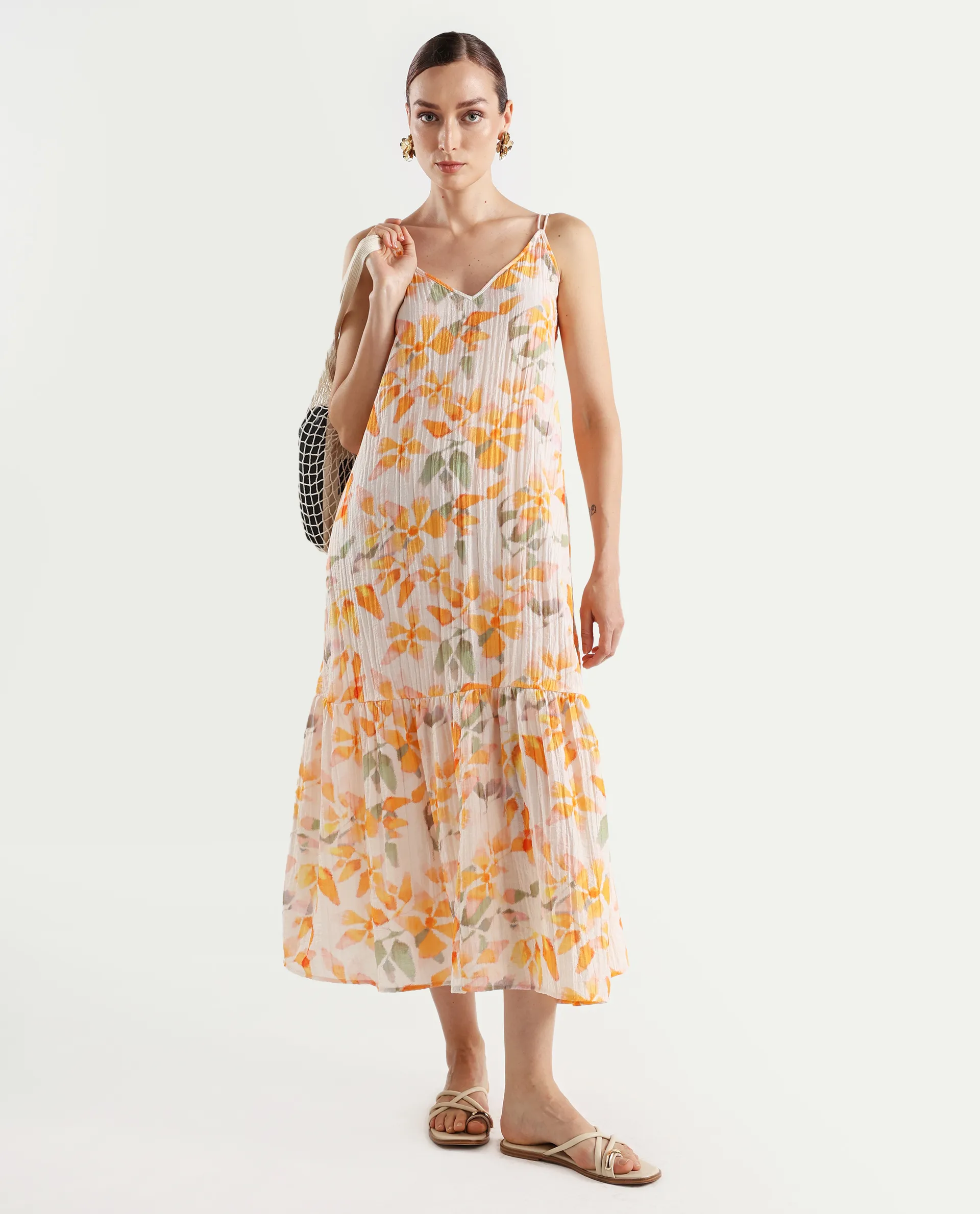 Rareism Women's Pavia Multi Nylon Blend Shoulder Strap Floral Print Sleeveless Maxi Regular Fit Dress
