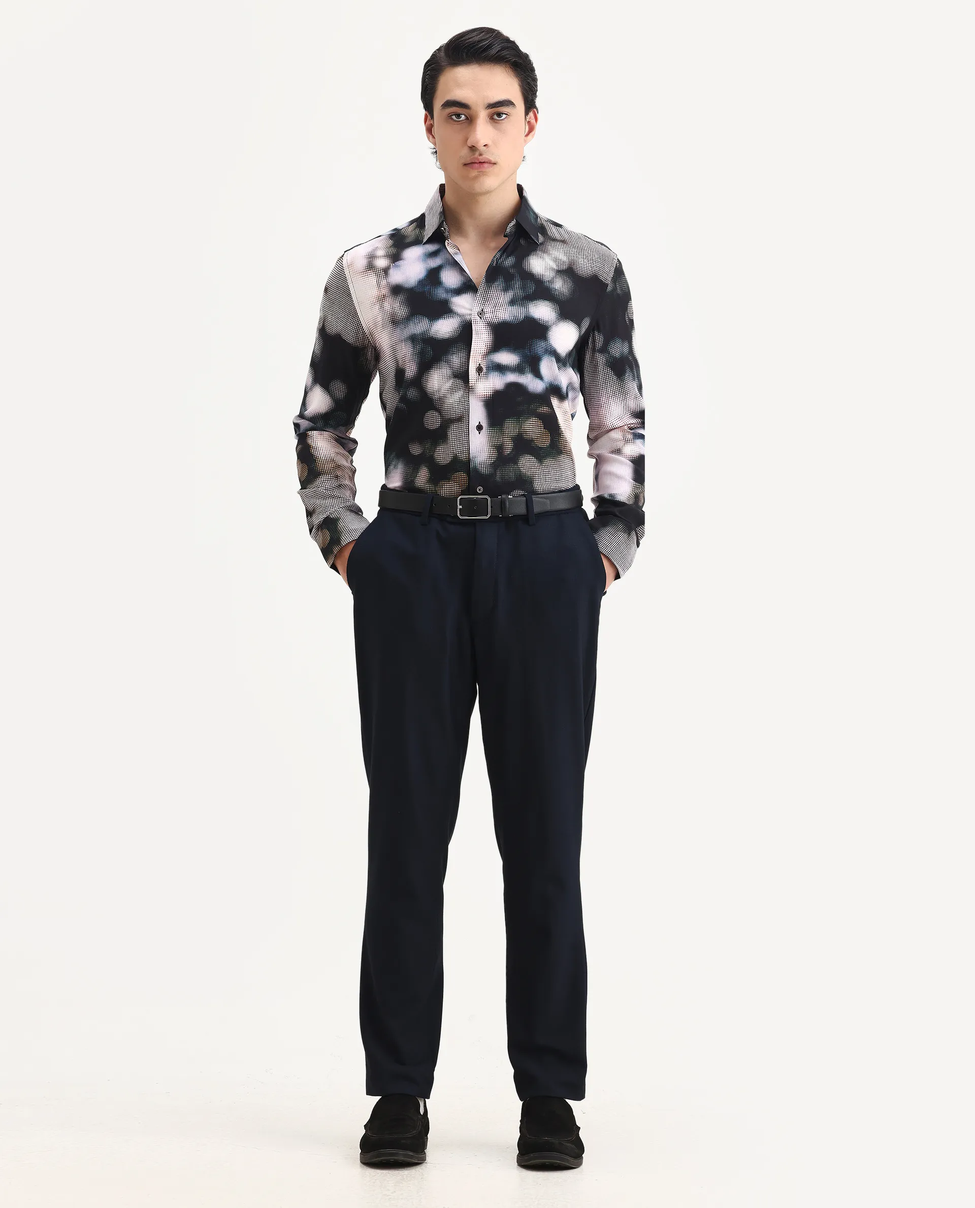 Rare Rabbit Men's Pavo Black Viscose Abstract Print Regular Fit Full Sleeve Collared Shirt - Image 2