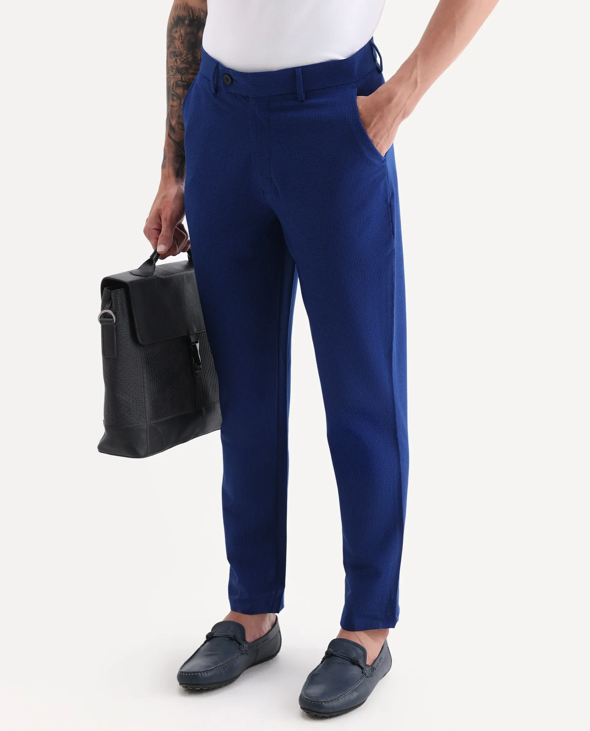 Rare Rabbit Men's Pax Blue Cotton Blend Plain Straight Fit Trouser - Image 2