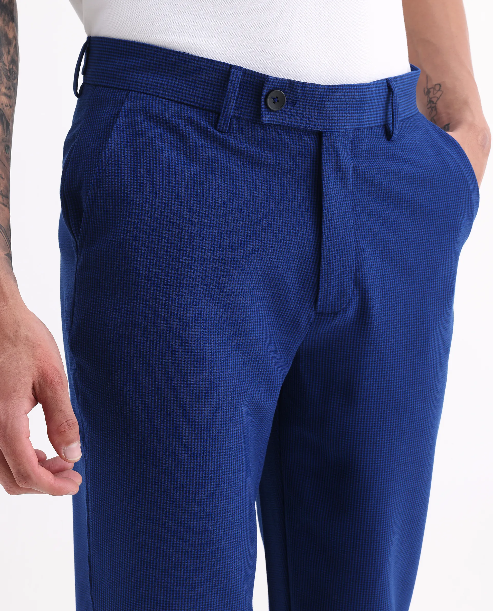 Rare Rabbit Men's Pax Blue Cotton Blend Plain Straight Fit Trouser - Image 3
