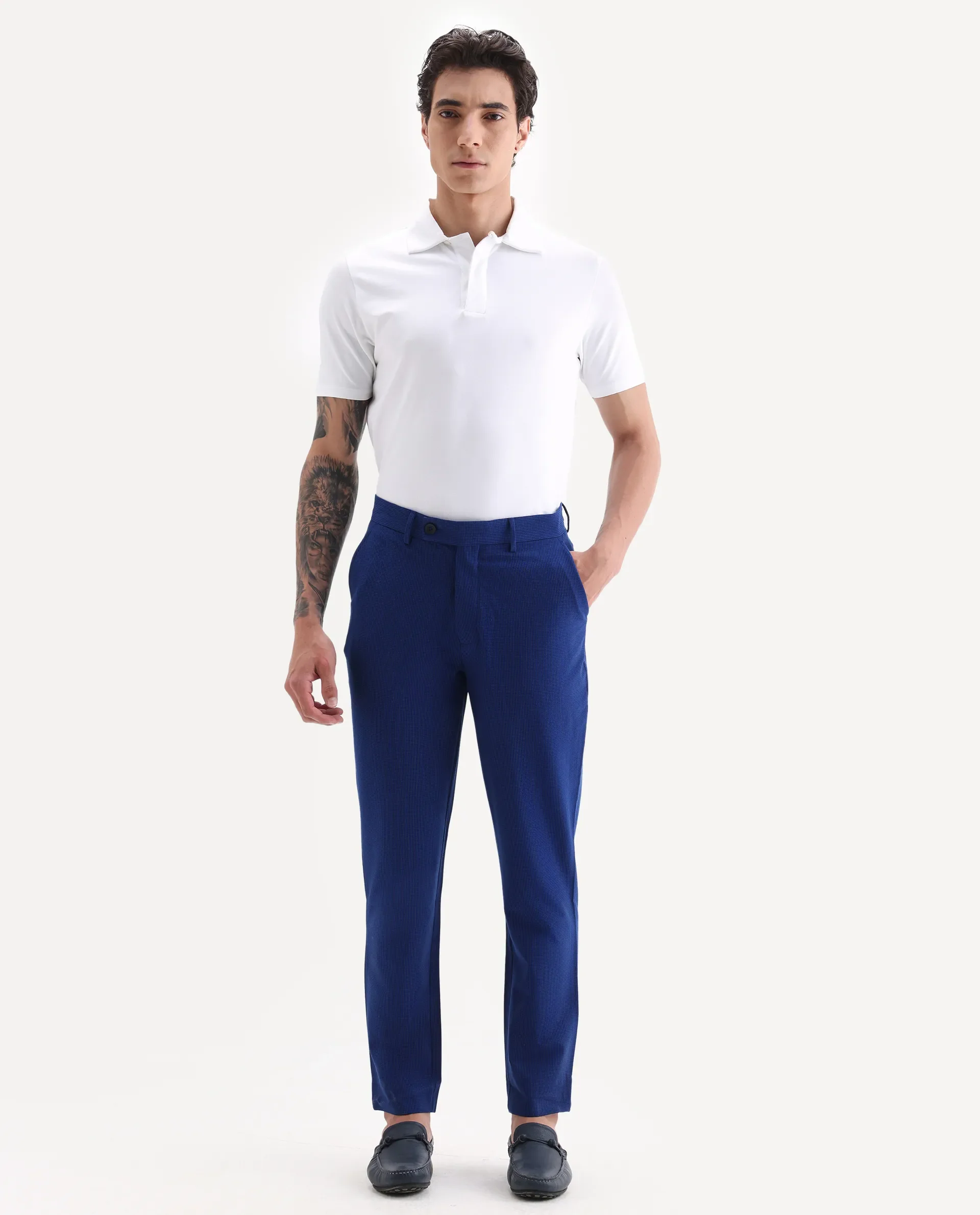 Rare Rabbit Men's Pax Blue Cotton Blend Plain Straight Fit Trouser - Image 4