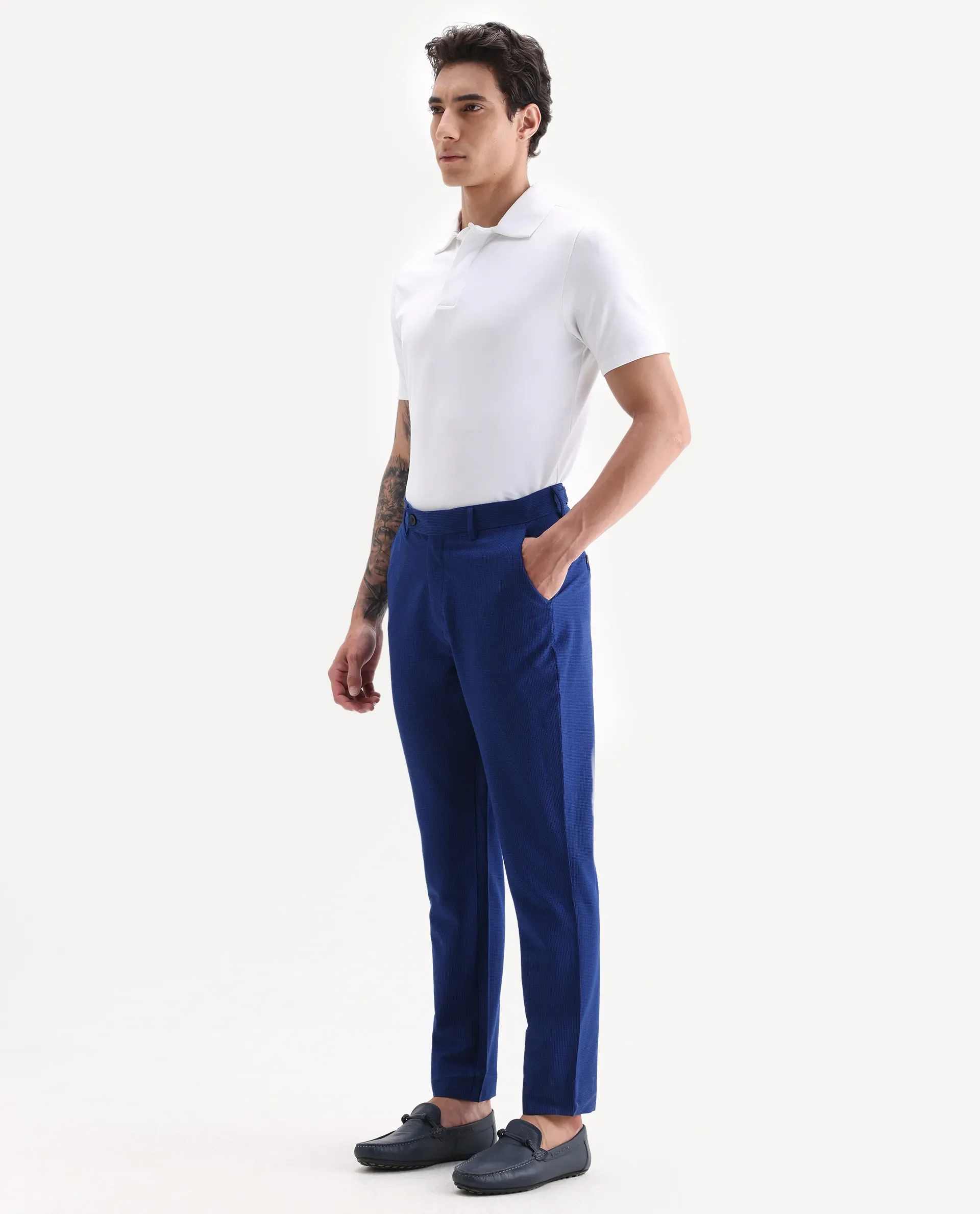 Rare Rabbit Men's Pax Blue Cotton Blend Plain Straight Fit Trouser - Image 5