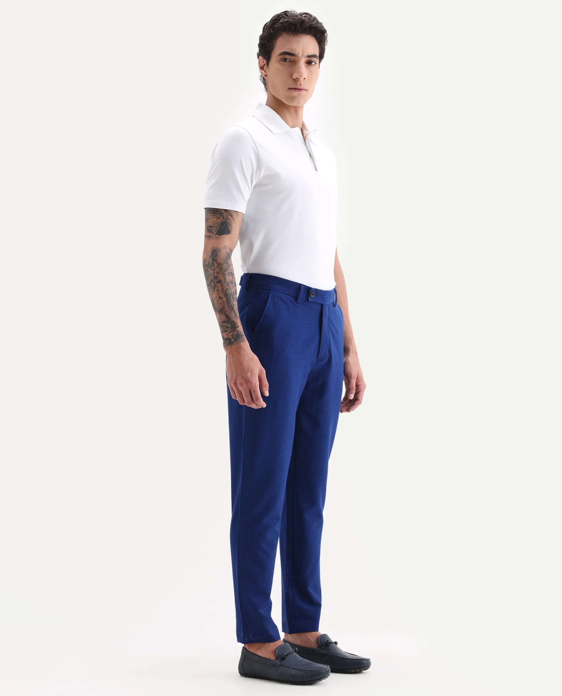 Rare Rabbit Men's Pax Blue Cotton Blend Plain Straight Fit Trouser - Image 6