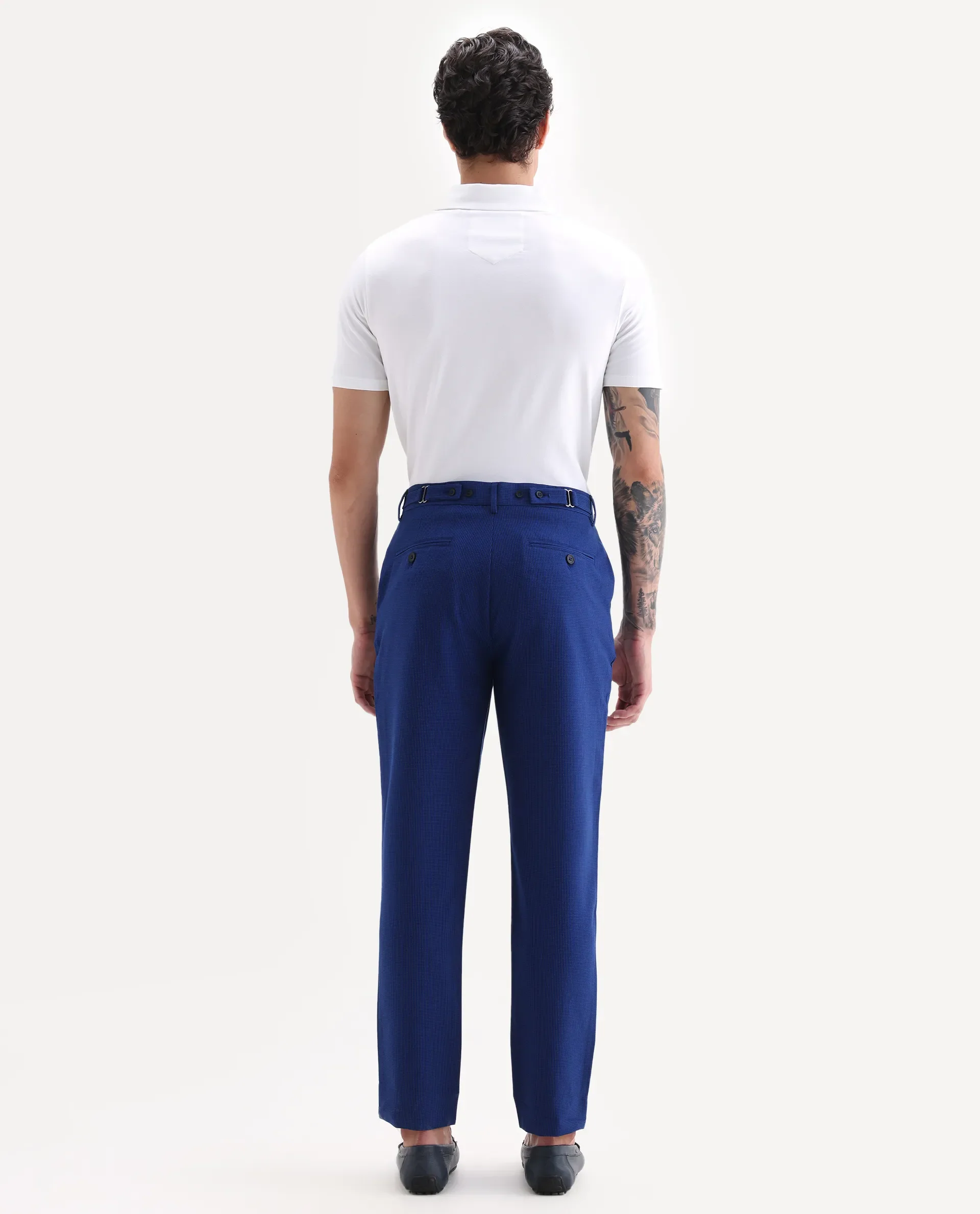 Rare Rabbit Men's Pax Blue Cotton Blend Plain Straight Fit Trouser - Image 8