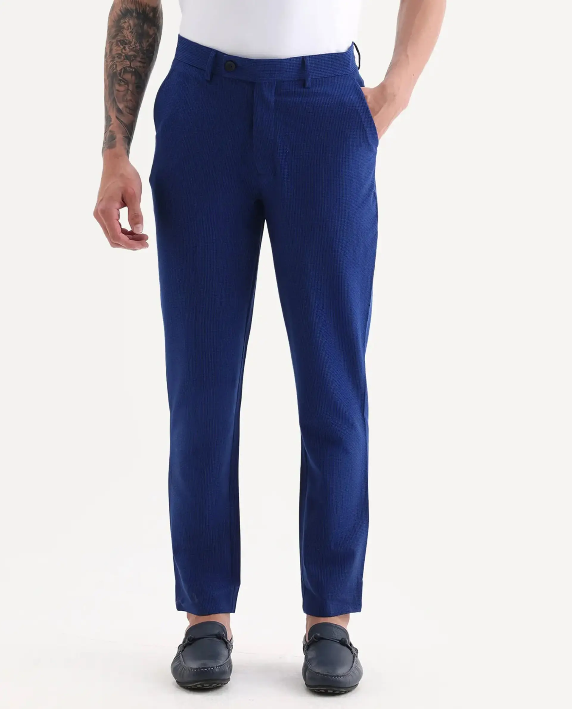 Rare Rabbit Men's Pax Blue Cotton Blend Plain Straight Fit Trouser - Image 9