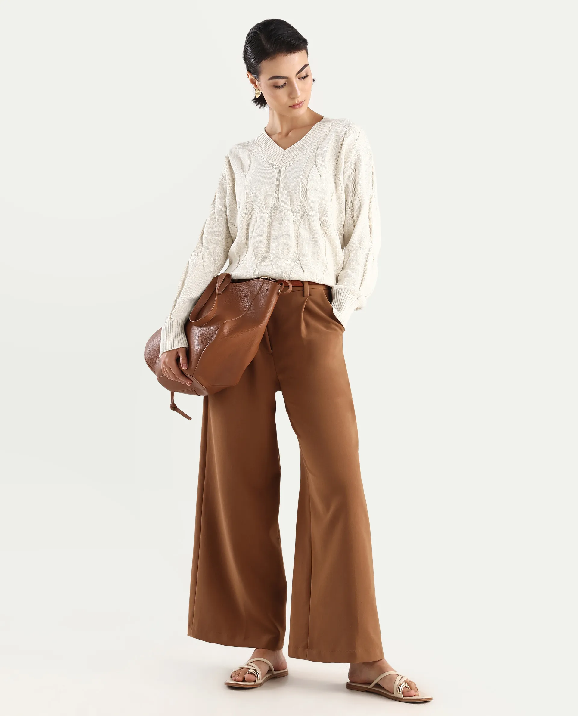 Rareism Women's Pax Off White Cotton V-Neck Plain Relaxed Fit Sweater - Image 2