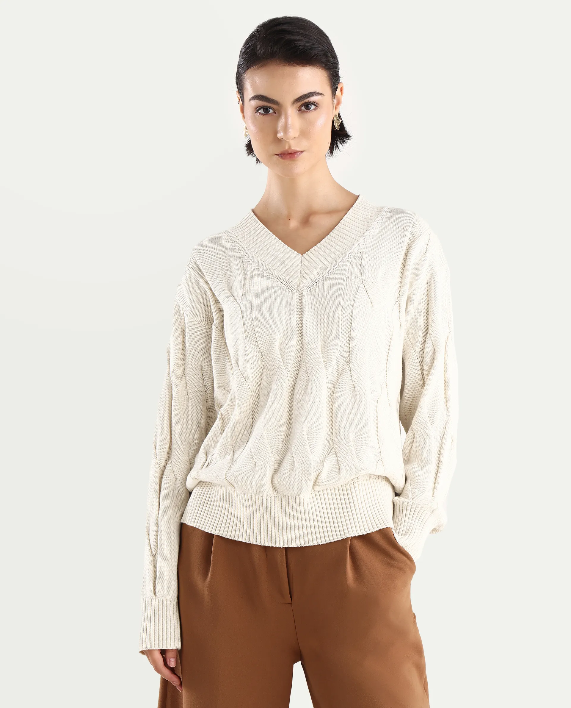 Rareism Women's Pax Off White Cotton V-Neck Plain Relaxed Fit Sweater - Image 3