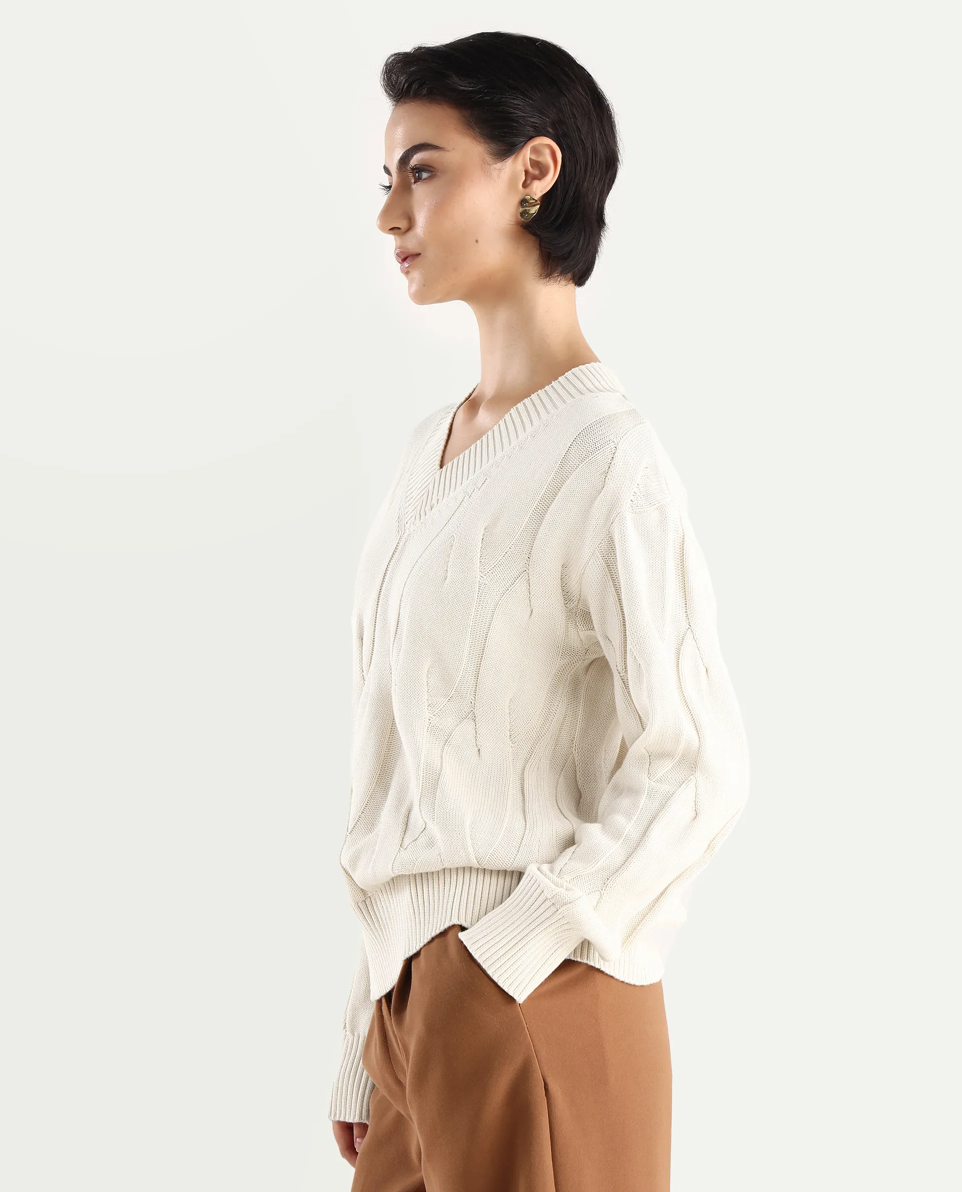 Rareism Women's Pax Off White Cotton V-Neck Plain Relaxed Fit Sweater - Image 4