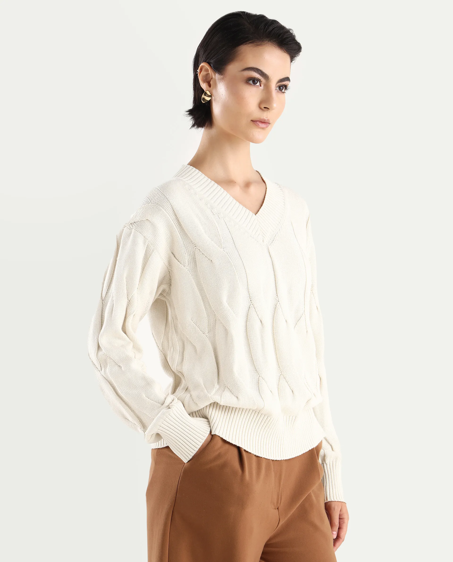 Rareism Women's Pax Off White Cotton V-Neck Plain Relaxed Fit Sweater - Image 5