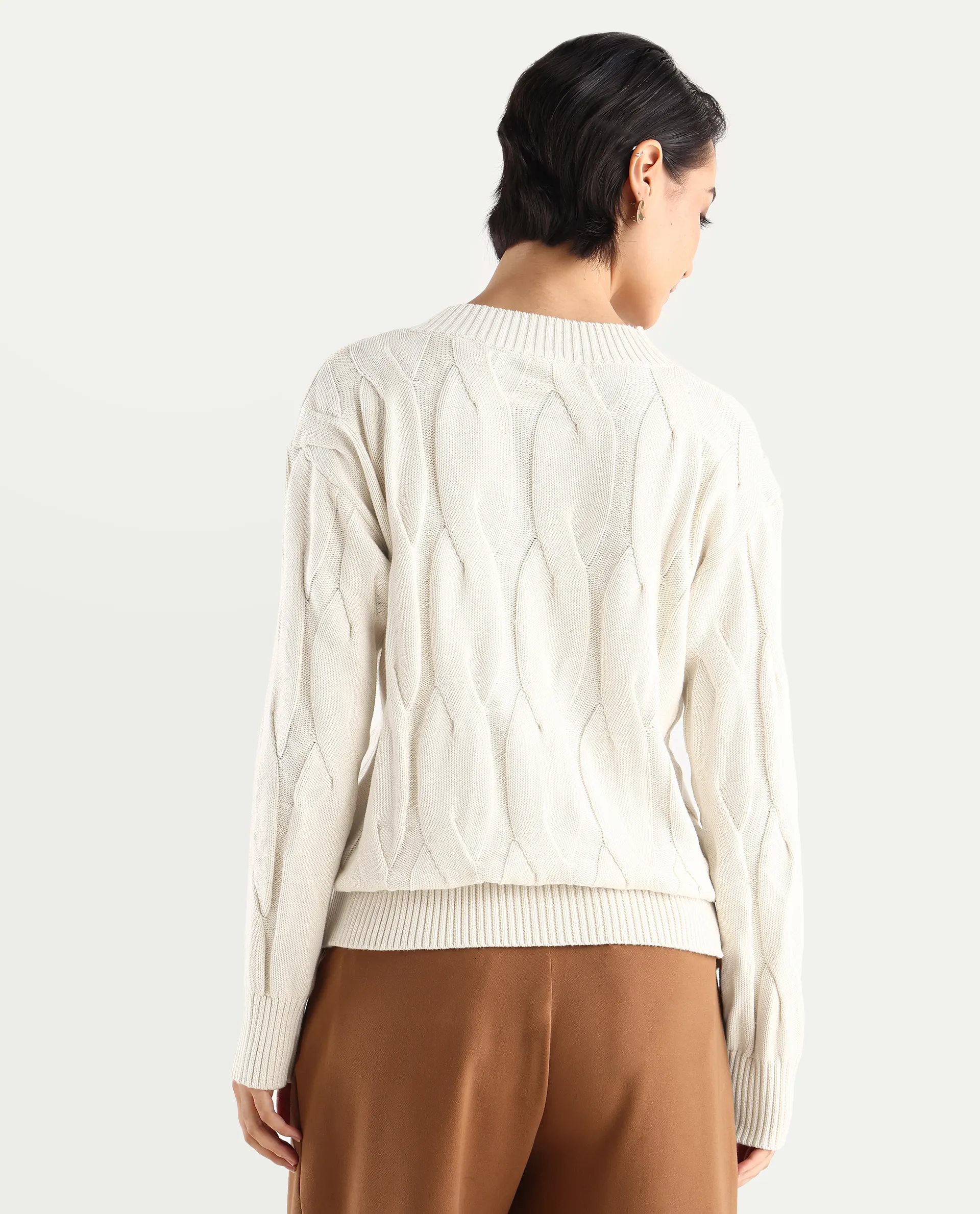 Rareism Women's Pax Off White Cotton V-Neck Plain Relaxed Fit Sweater - Image 6