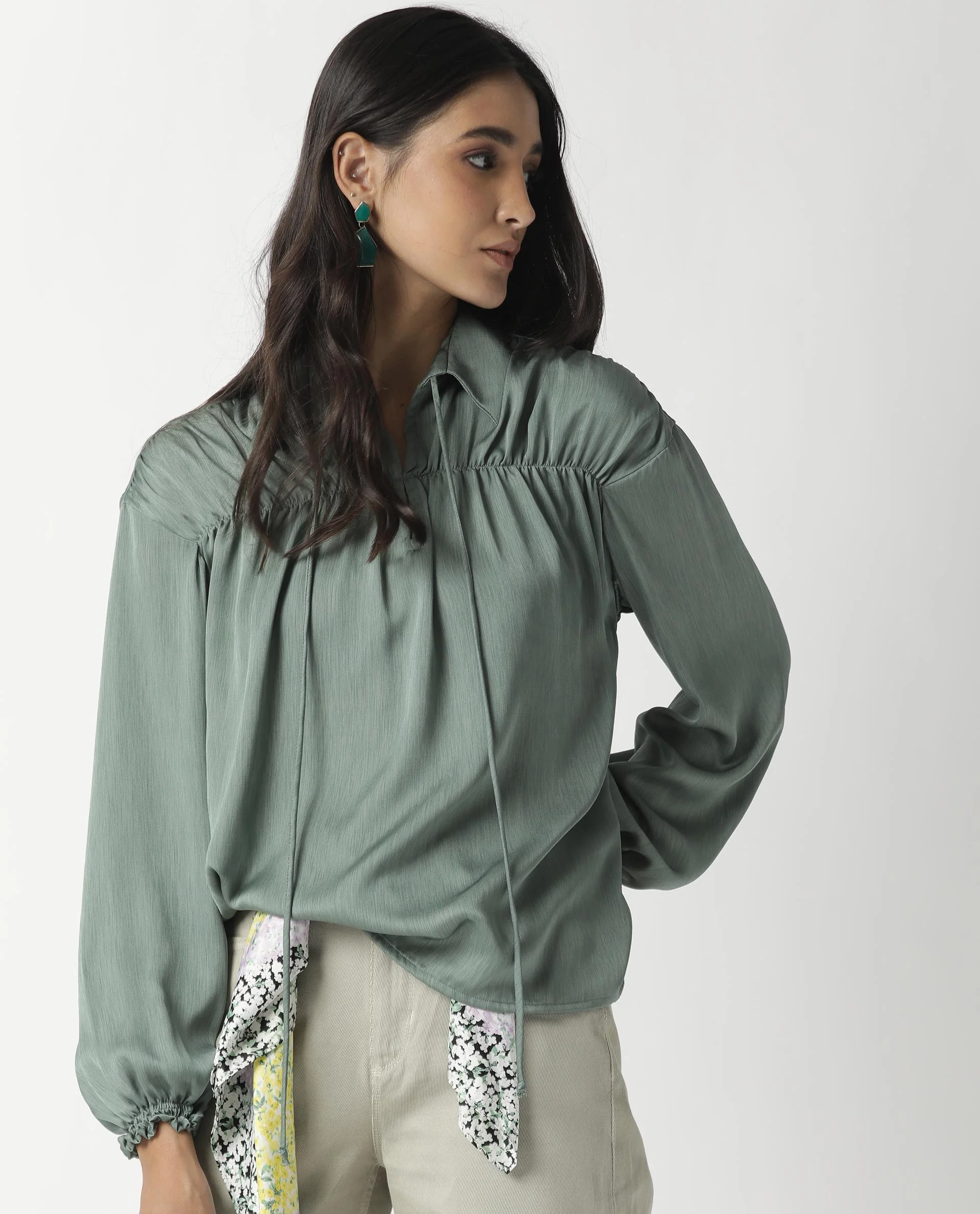 Rareism Womens Paxo Green Top Polycotton Fabric Regular Fit Full Sleeve Collared Neck - Image 10