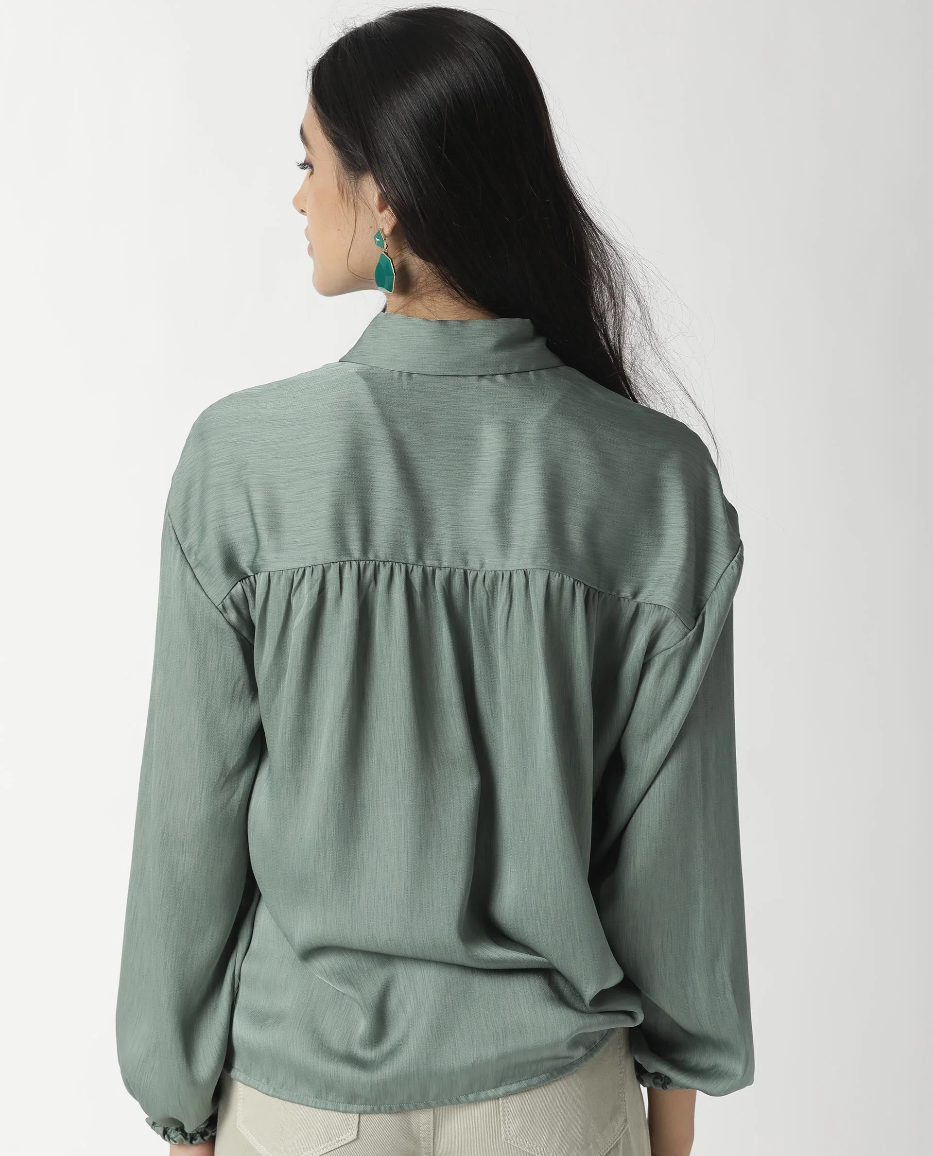 Rareism Womens Paxo Green Top Polycotton Fabric Regular Fit Full Sleeve Collared Neck - Image 2