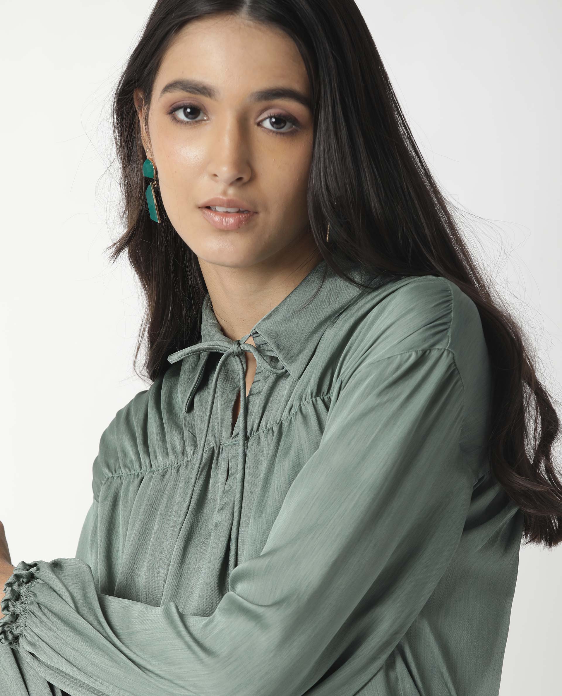 Rareism Womens Paxo Green Top Polycotton Fabric Regular Fit Full Sleeve Collared Neck - Image 3