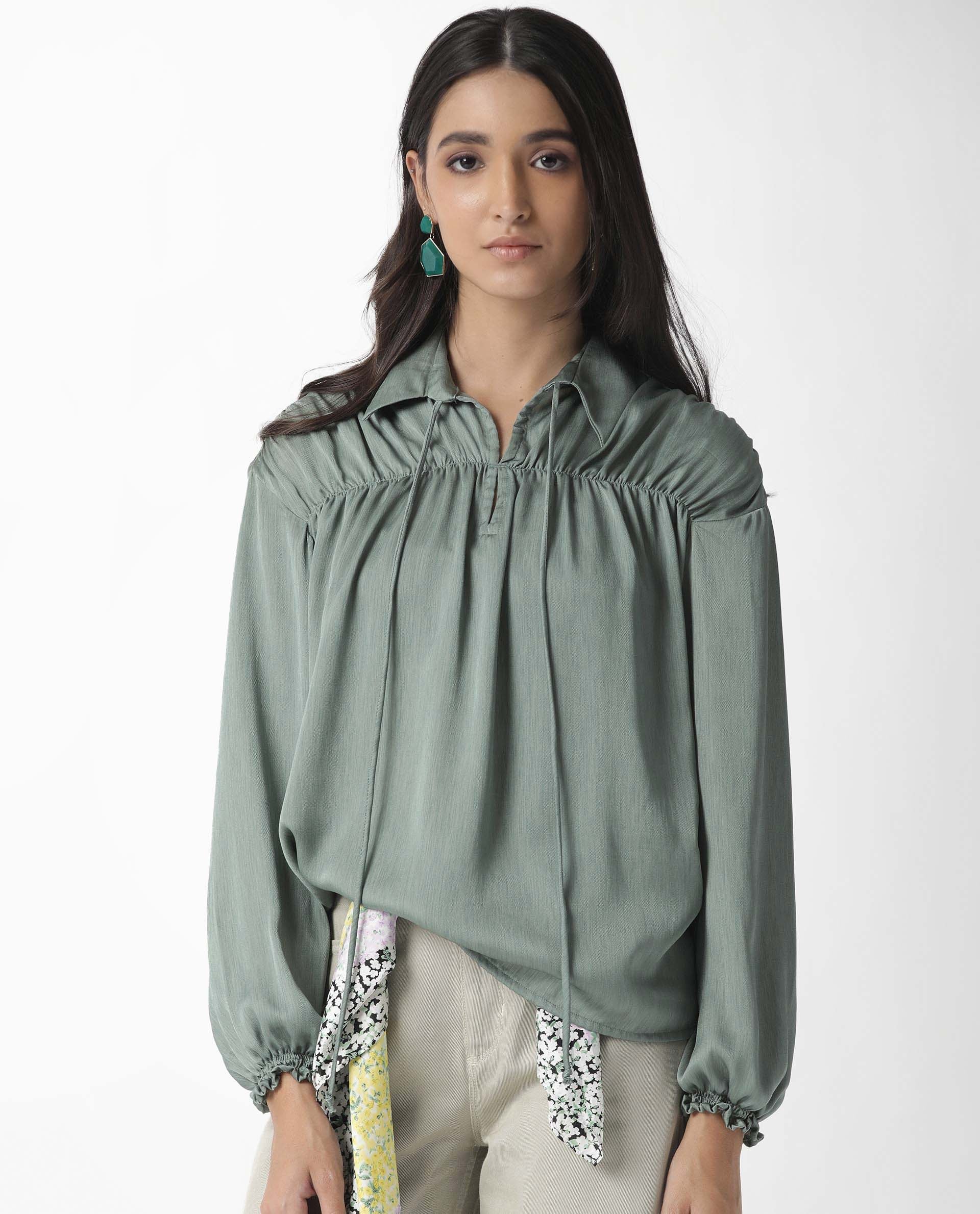 Rareism Womens Paxo Green Top Polycotton Fabric Regular Fit Full Sleeve Collared Neck - Image 4