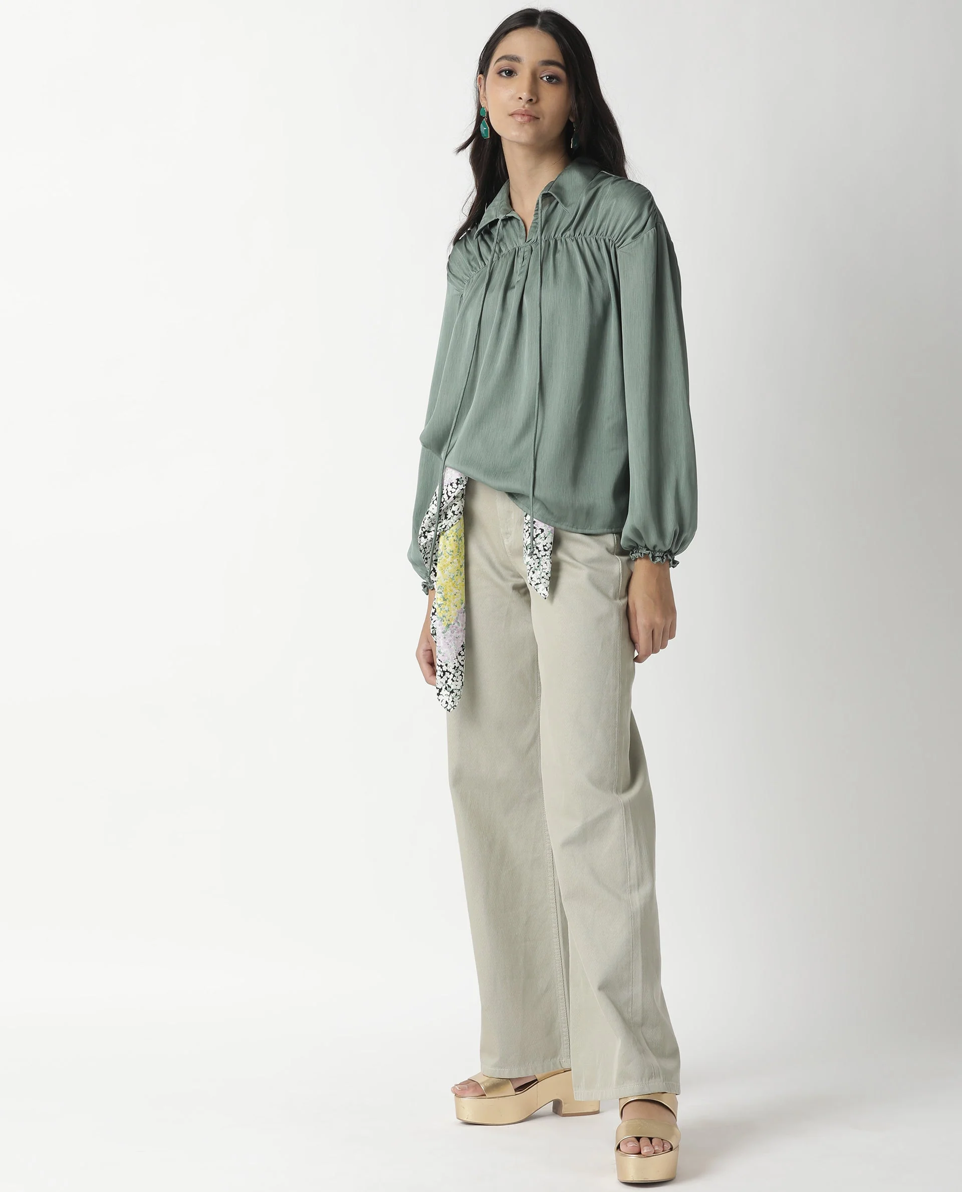 Rareism Womens Paxo Green Top Polycotton Fabric Regular Fit Full Sleeve Collared Neck - Image 5