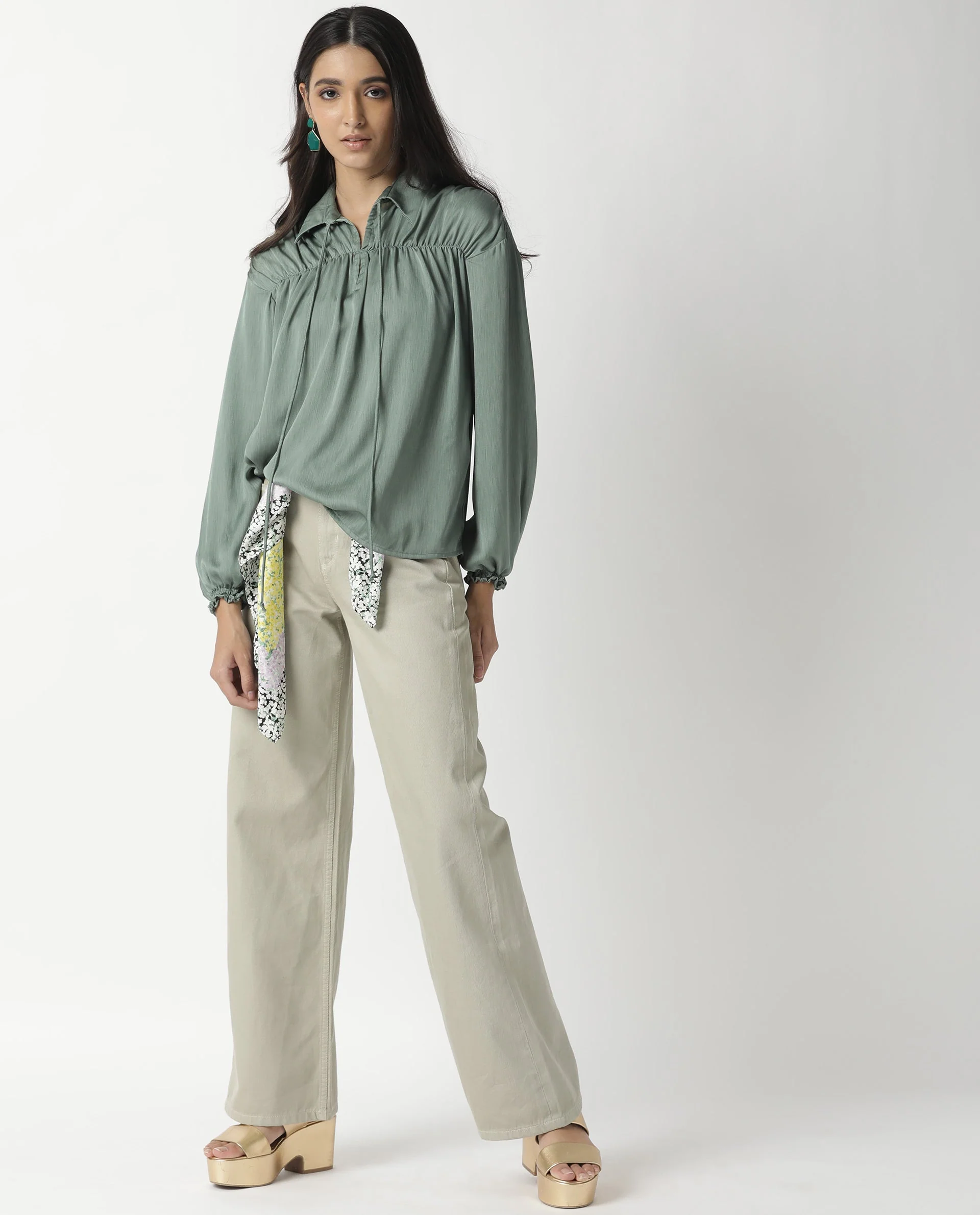 Rareism Womens Paxo Green Top Polycotton Fabric Regular Fit Full Sleeve Collared Neck - Image 8