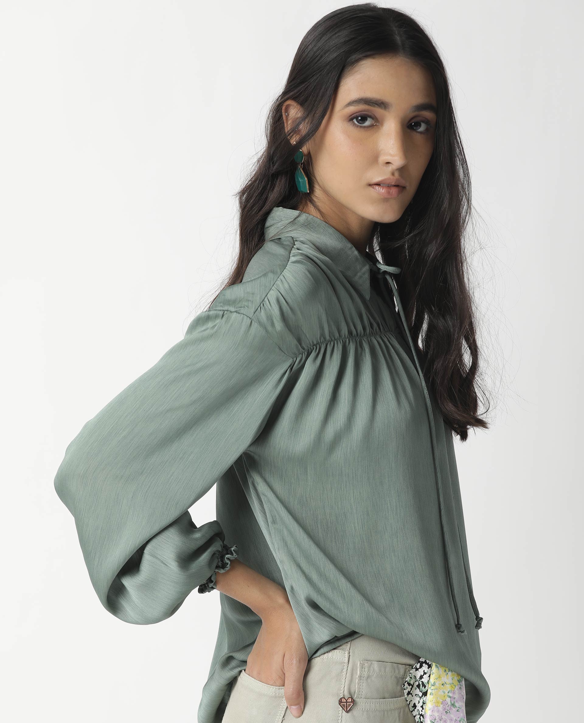 Rareism Womens Paxo Green Top Polycotton Fabric Regular Fit Full Sleeve Collared Neck - Image 9