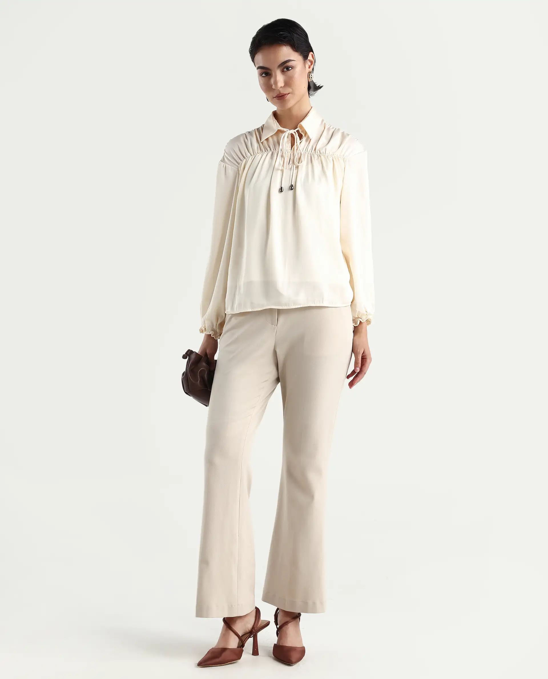 Rareism Women's Paxo Offwhite Polyester Blend Tie-Up Neck Plain Regular Fit Top - Image 2