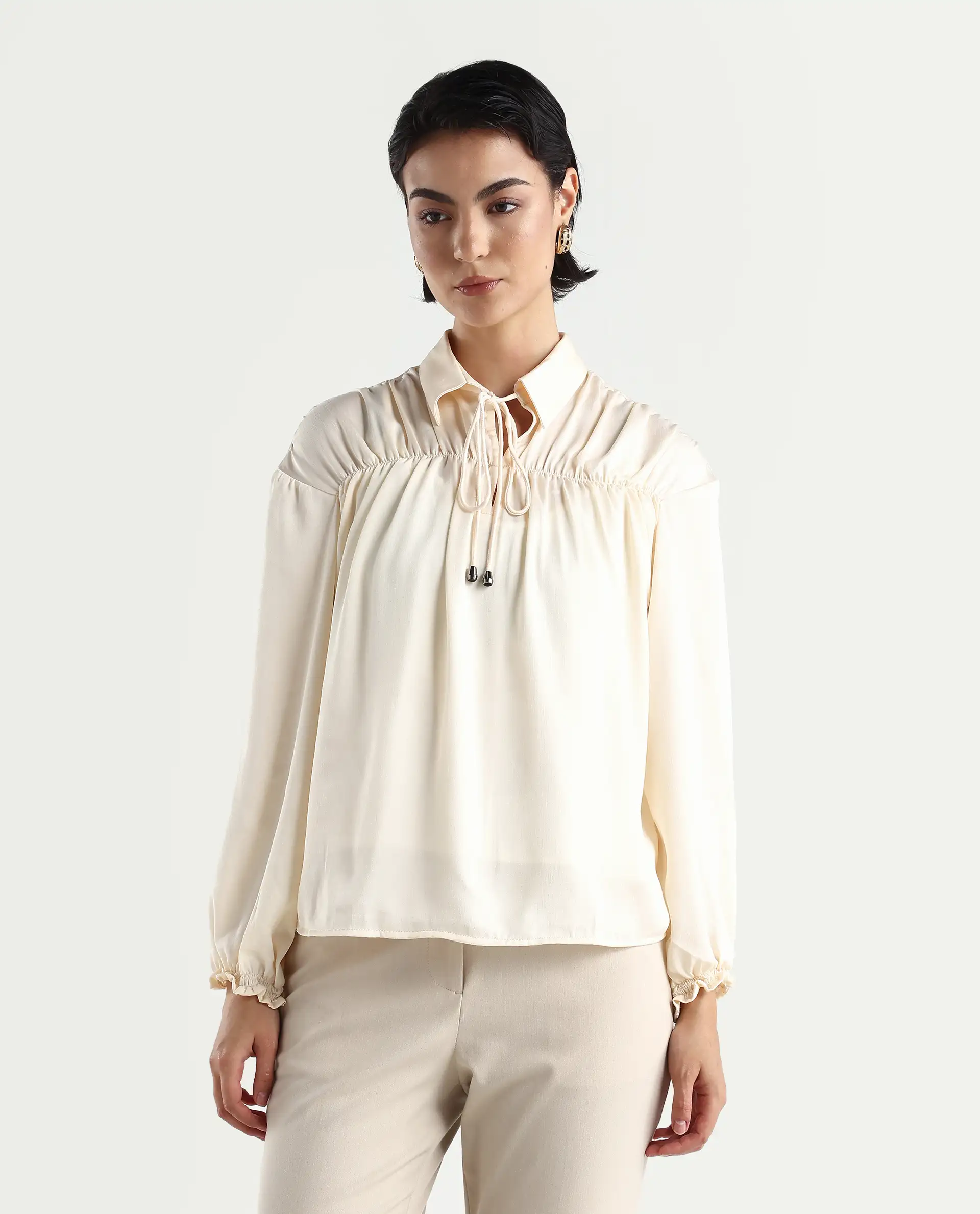 Rareism Women's Paxo Offwhite Polyester Blend Tie-Up Neck Plain Regular Fit Top - Image 3