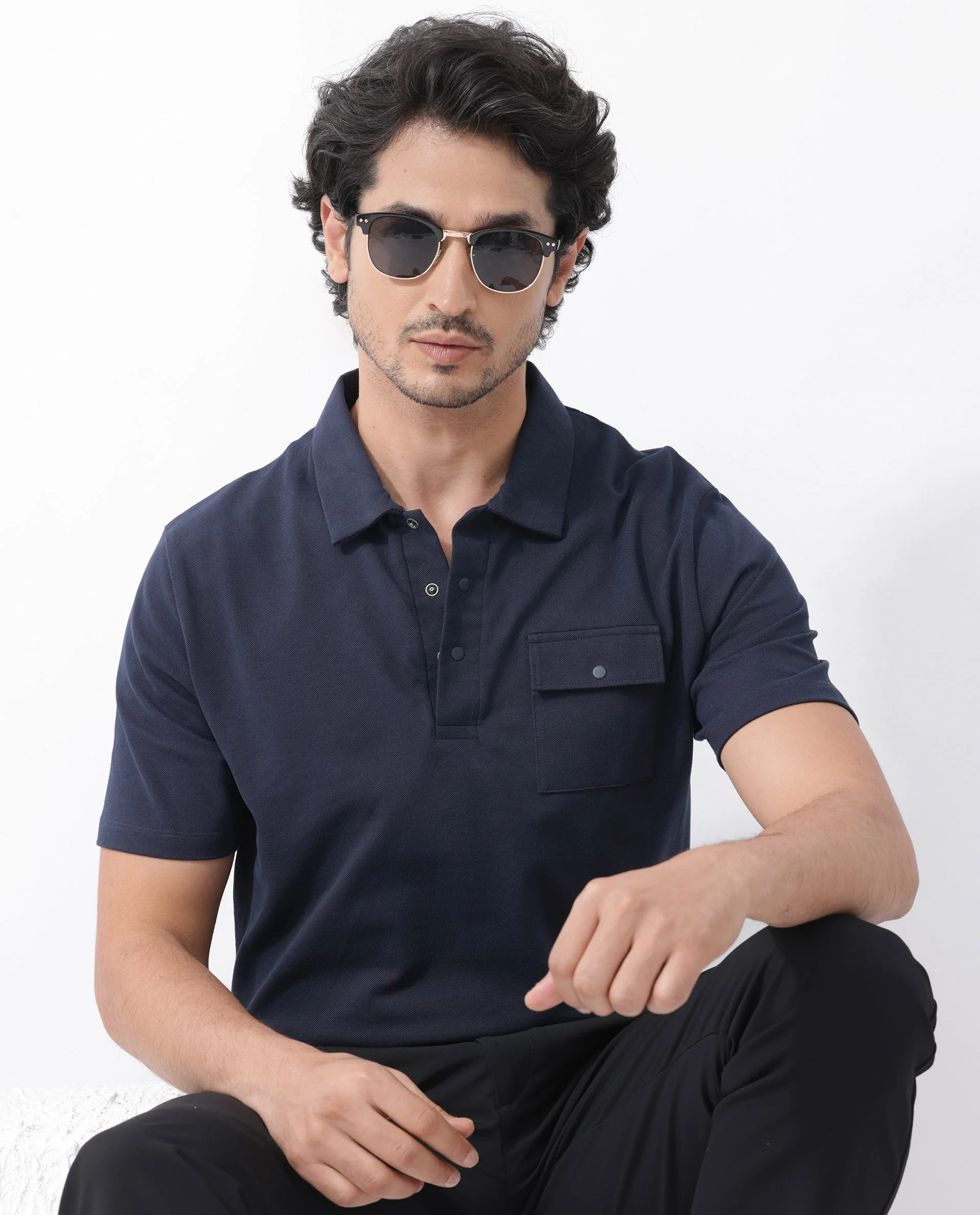 Rare Rabbit Men's Paxton Navy Cotton Plain Regular Fit Half Sleeve Polo