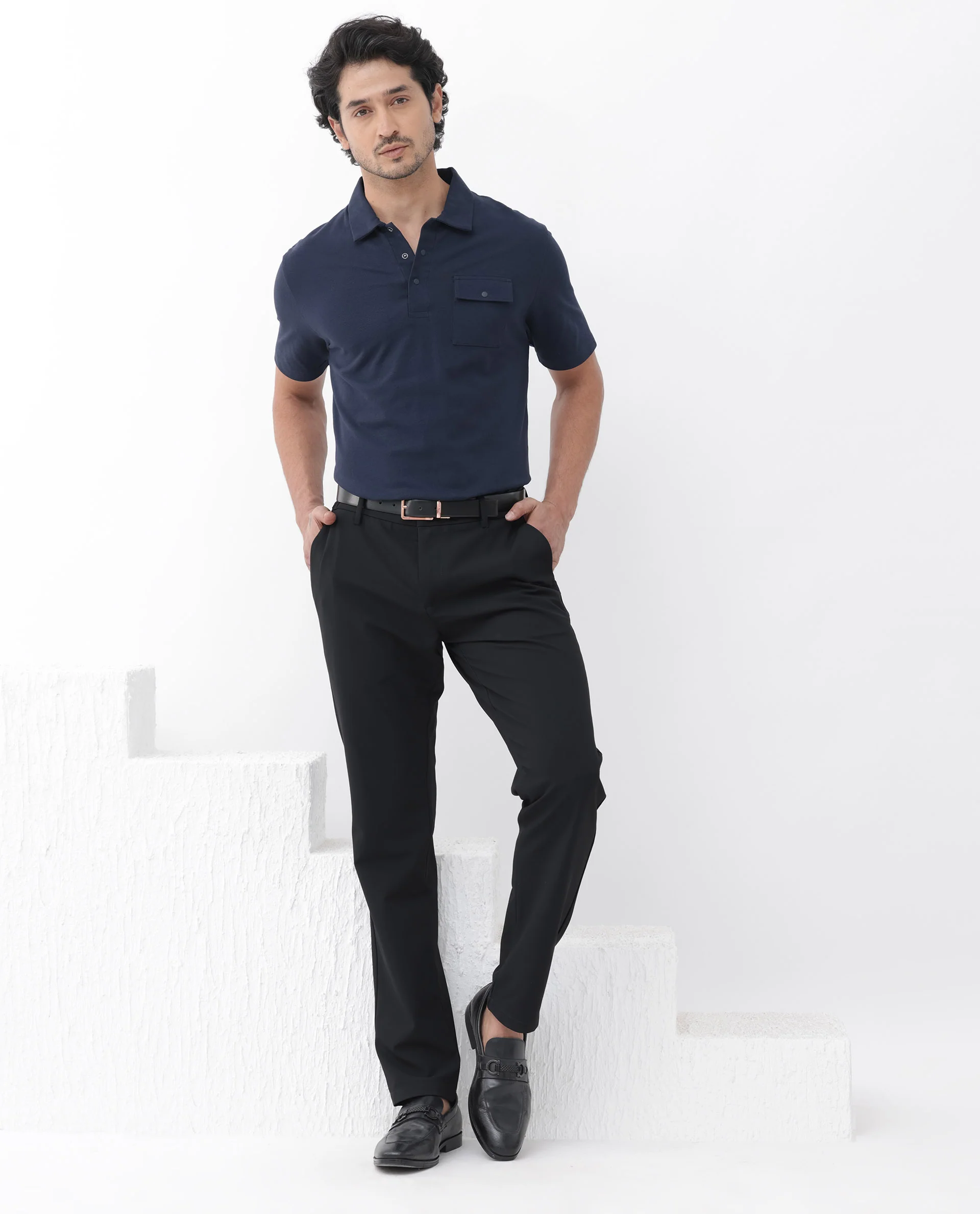Rare Rabbit Men's Paxton Navy Cotton Plain Regular Fit Half Sleeve Polo - Image 2