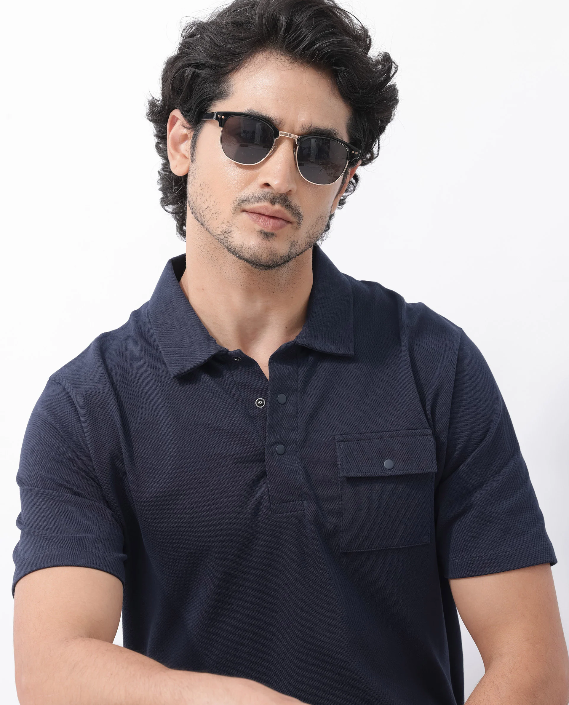 Rare Rabbit Men's Paxton Navy Cotton Plain Regular Fit Half Sleeve Polo - Image 3