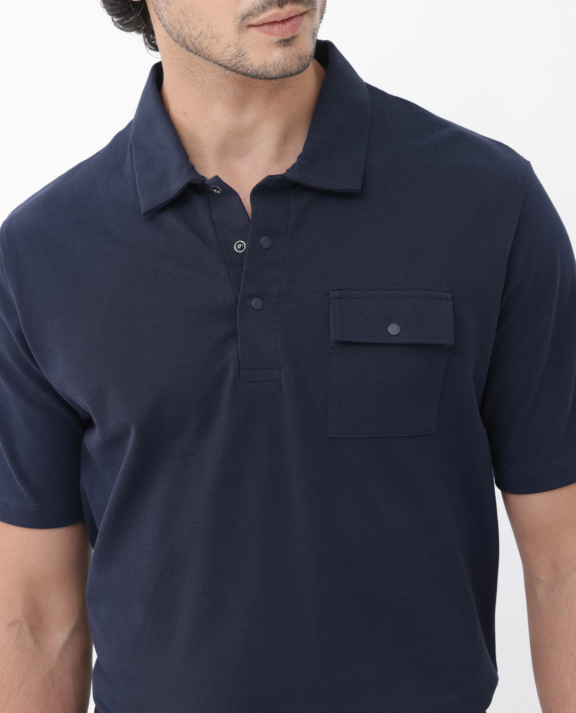 Rare Rabbit Men's Paxton Navy Cotton Plain Regular Fit Half Sleeve Polo - Image 5