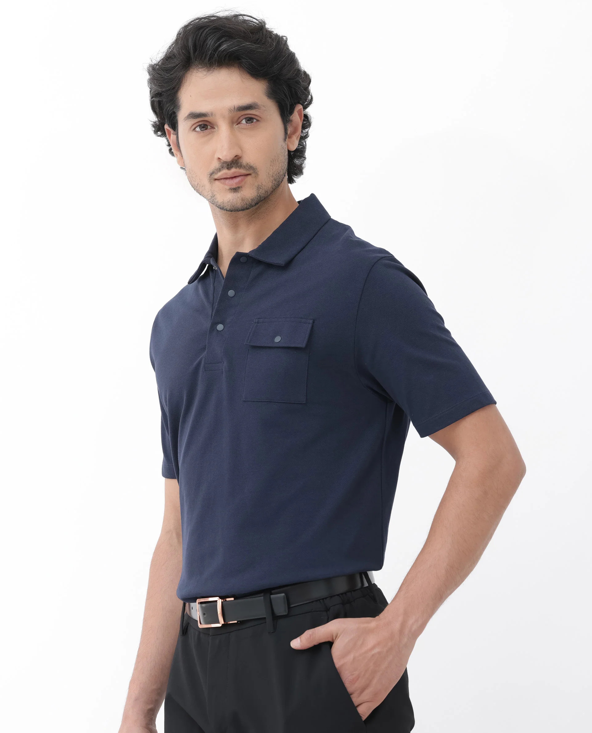 Rare Rabbit Men's Paxton Navy Cotton Plain Regular Fit Half Sleeve Polo - Image 6
