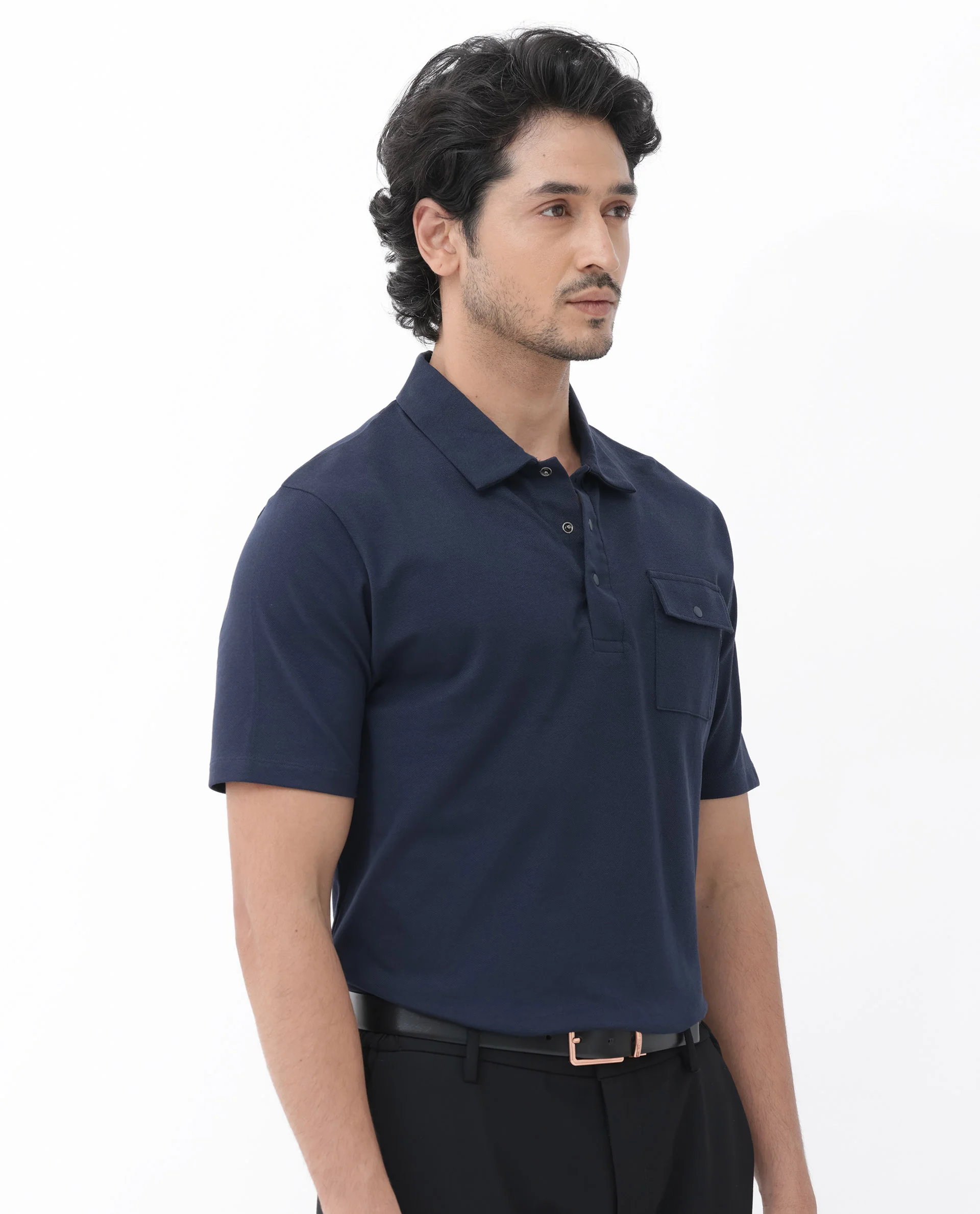 Rare Rabbit Men's Paxton Navy Cotton Plain Regular Fit Half Sleeve Polo - Image 7