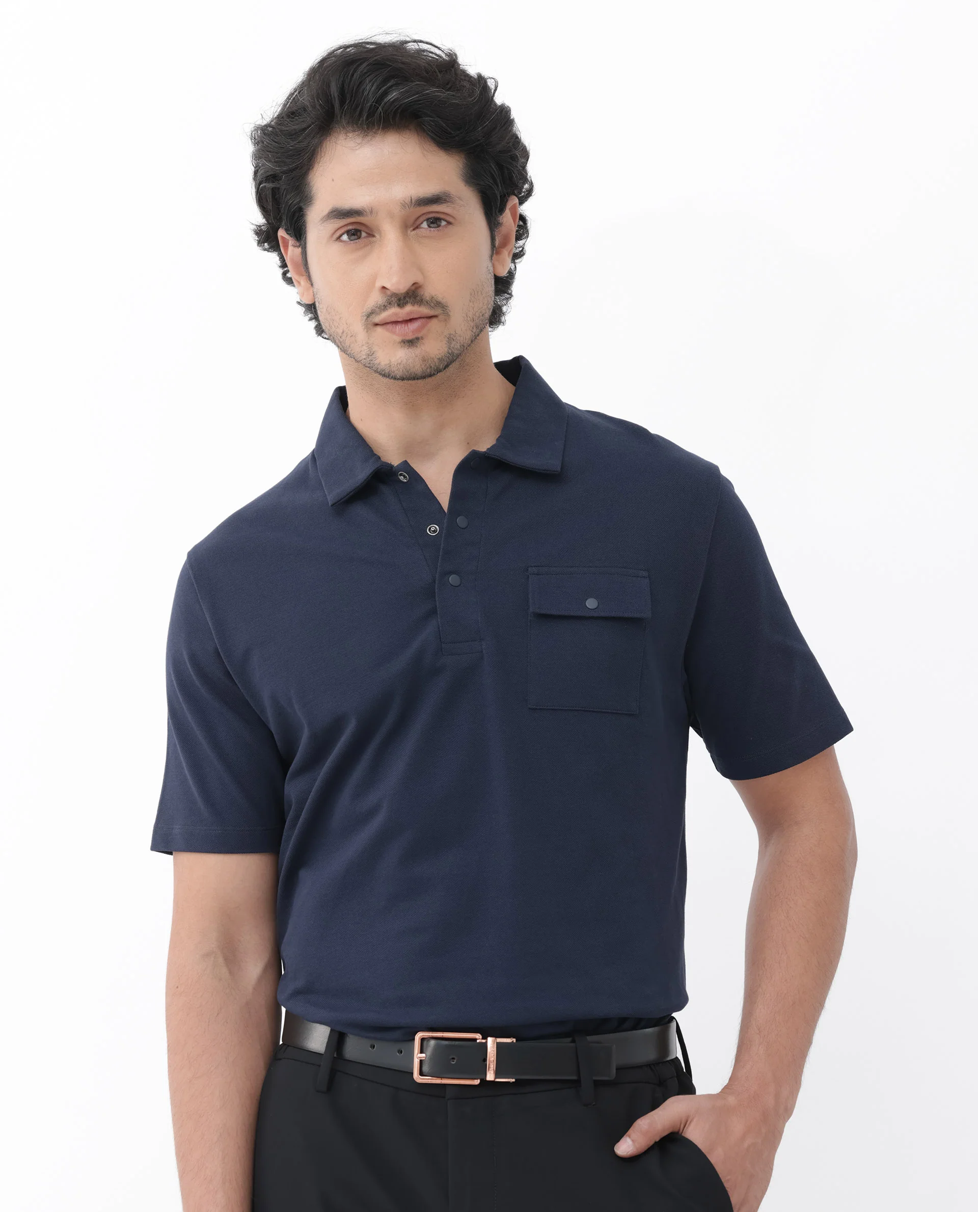 Rare Rabbit Men's Paxton Navy Cotton Plain Regular Fit Half Sleeve Polo - Image 8