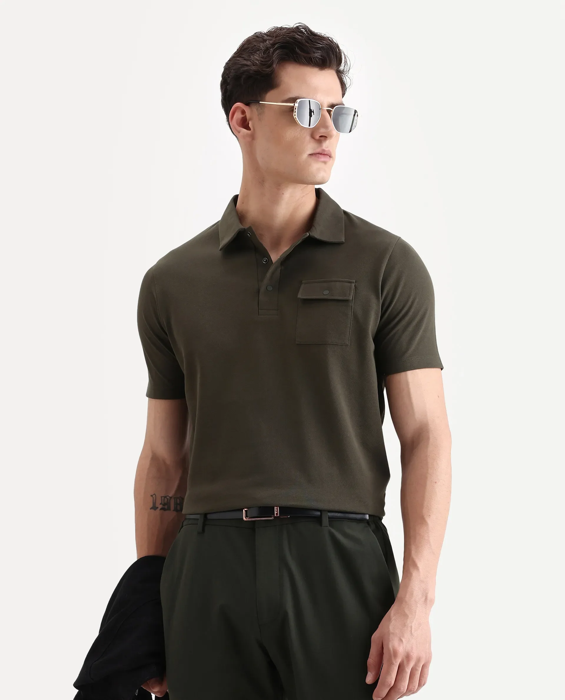 Rare Rabbit Men's Paxton Olive Cotton Plain Regular Fit Half Sleeve Polo