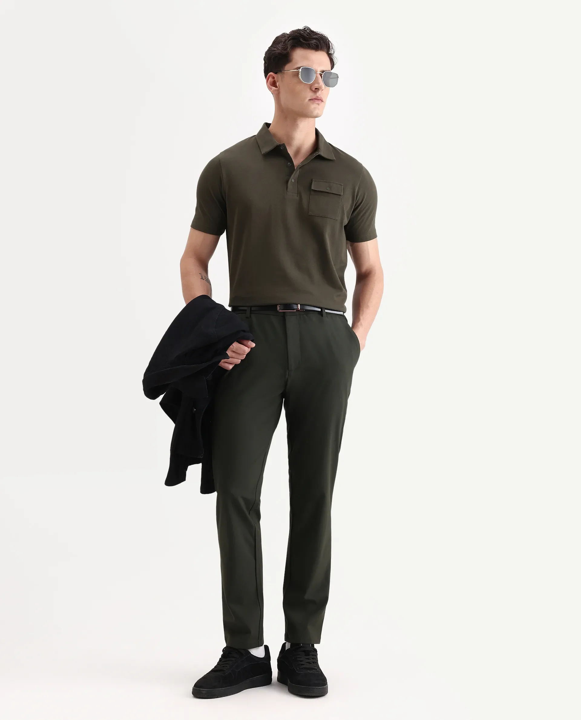 Rare Rabbit Men's Paxton Olive Cotton Plain Regular Fit Half Sleeve Polo - Image 2