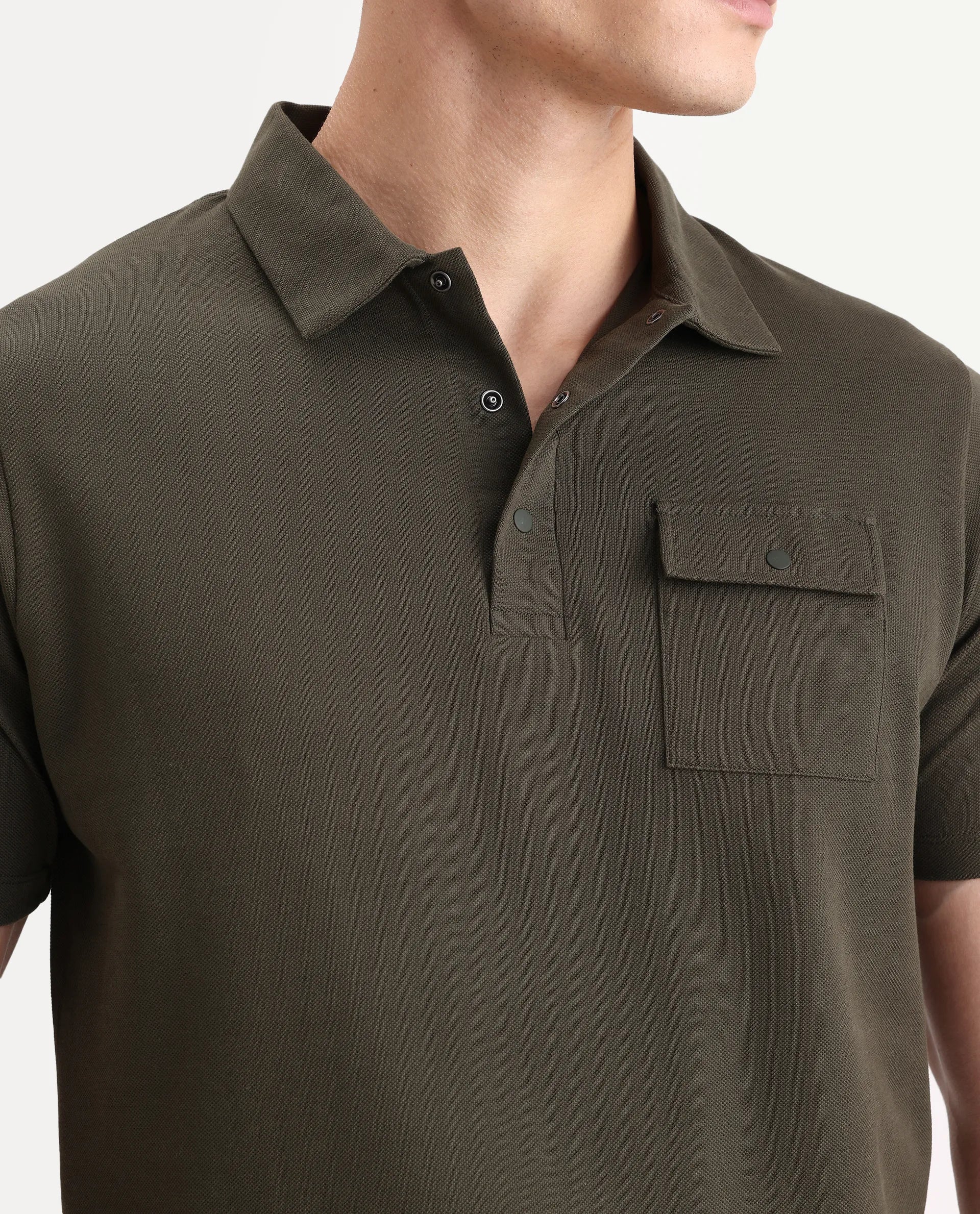 Rare Rabbit Men's Paxton Olive Cotton Plain Regular Fit Half Sleeve Polo - Image 3