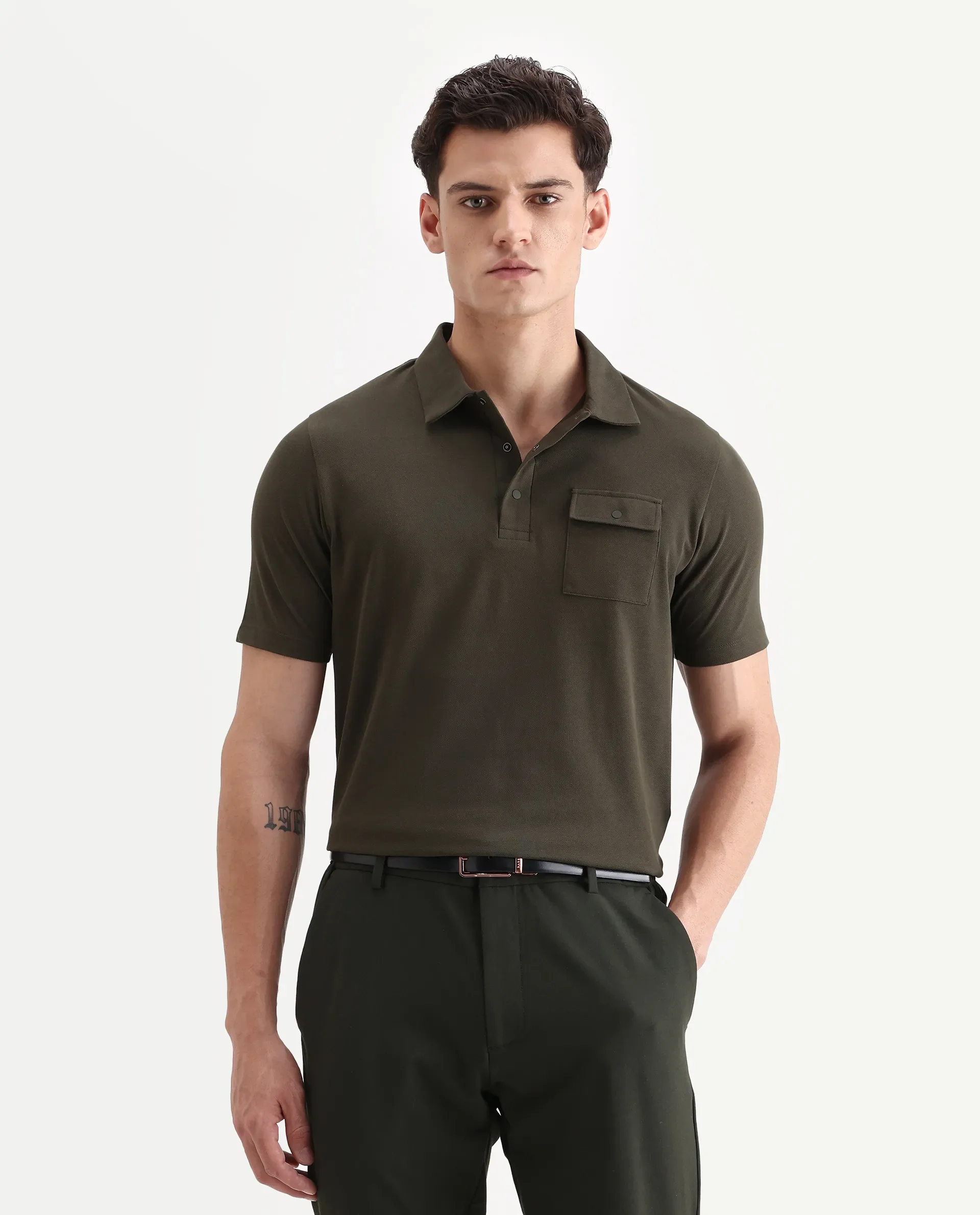 Rare Rabbit Men's Paxton Olive Cotton Plain Regular Fit Half Sleeve Polo - Image 4